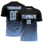 Custom Black Light Blue-White Gradient Line Sublimation Soccer Uniform Jersey