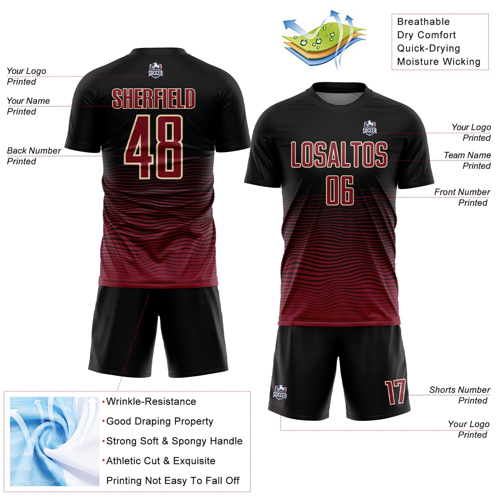 Custom Black Crimson-Cream Gradient Line Sublimation Soccer Uniform Jersey