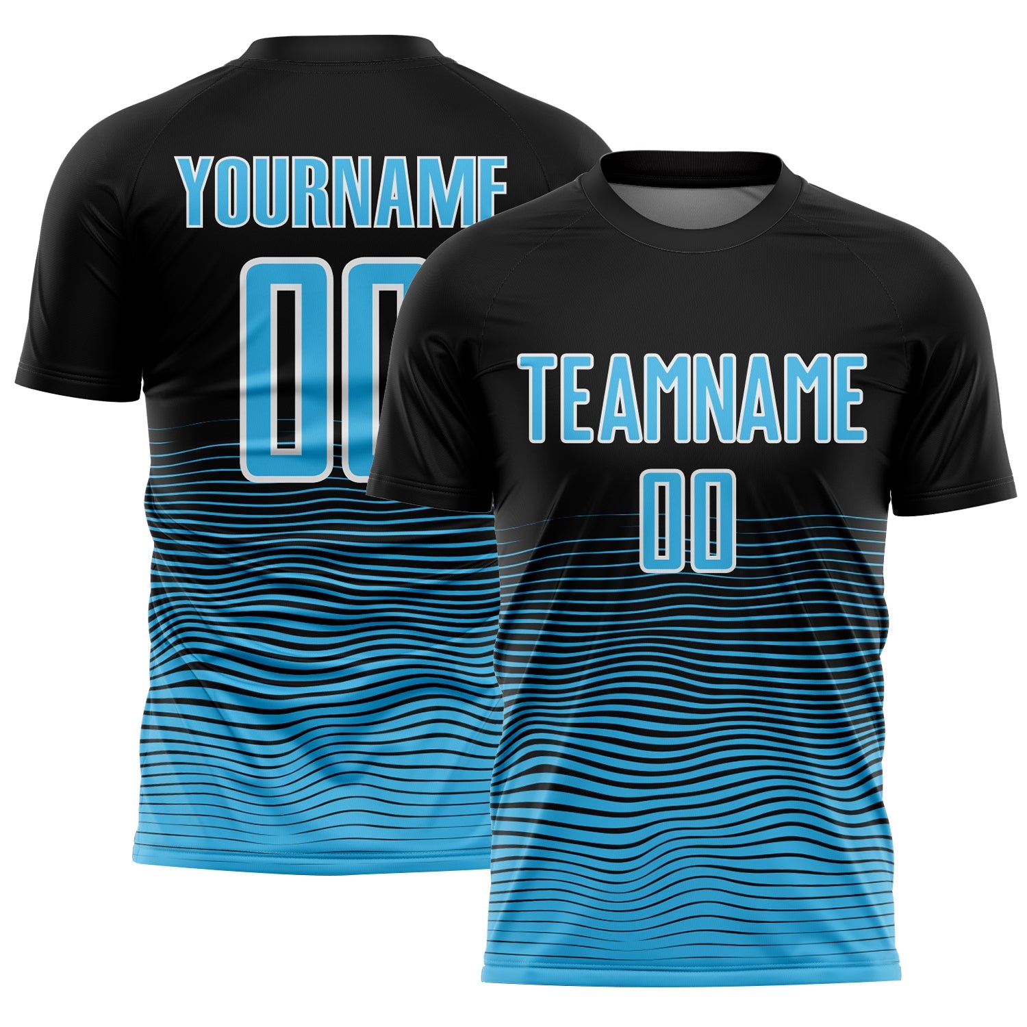 Custom Black Sky Blue-White Gradient Line Sublimation Soccer Uniform Jersey