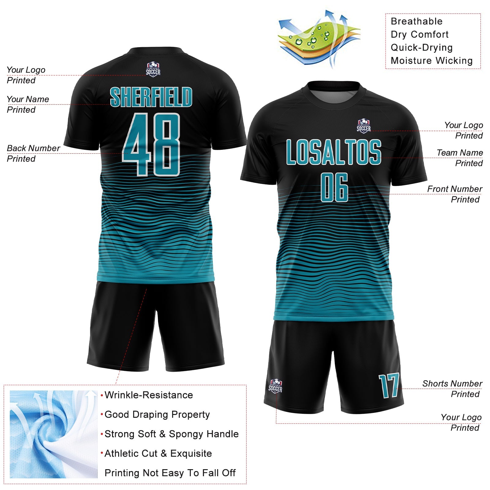 Custom Black Teal-White Gradient Line Sublimation Soccer Uniform Jersey
