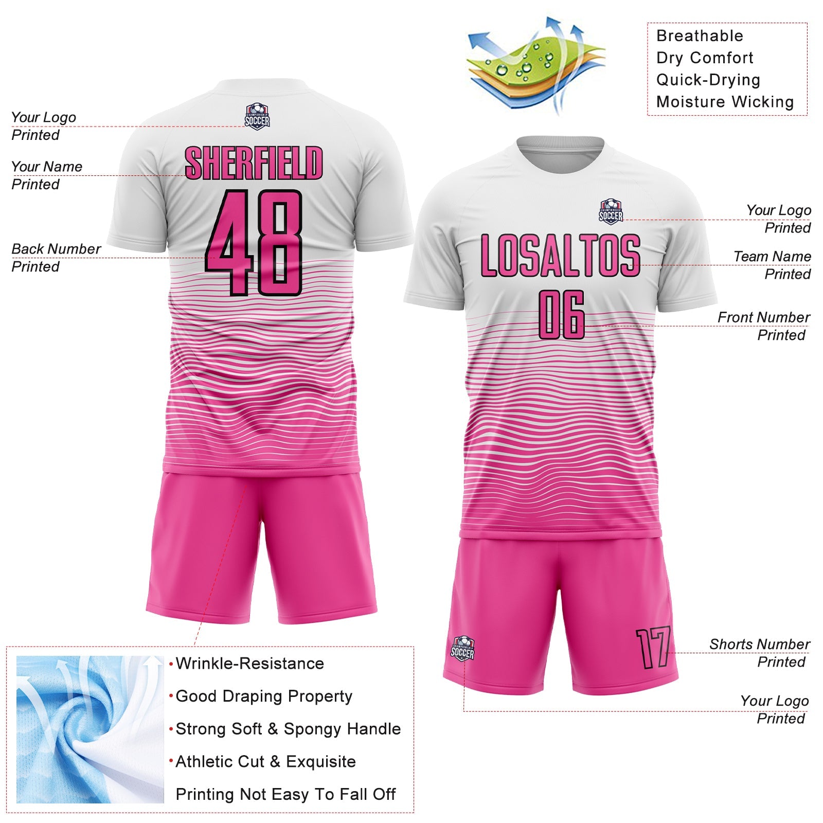 Custom White Pink-Black Gradient Line Sublimation Soccer Uniform Jersey