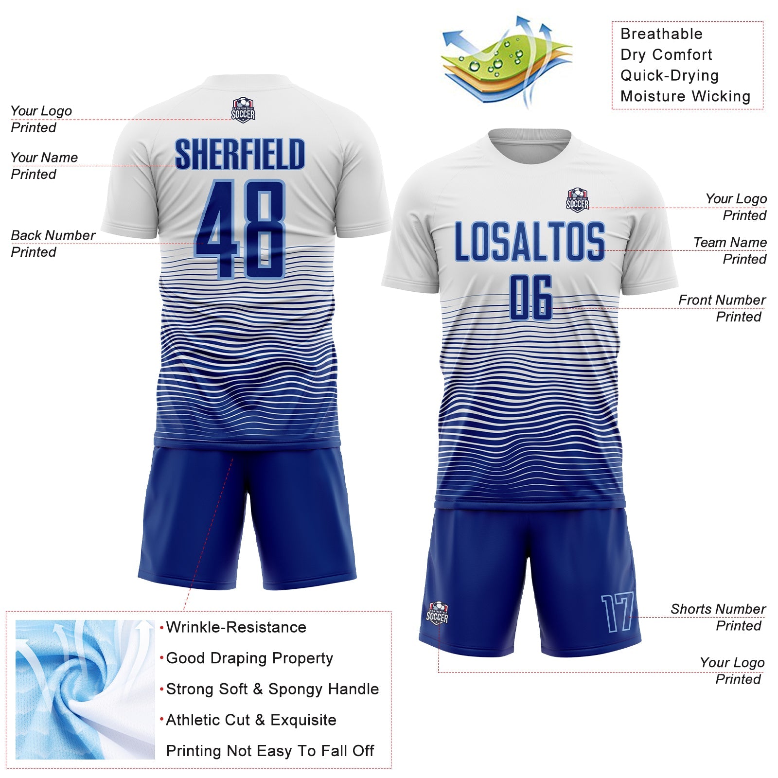 Custom White Royal-Light Blue Gradient Line Sublimation Soccer Uniform Jersey