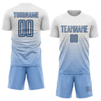 Custom White Light Blue-Black Gradient Line Sublimation Soccer Uniform Jersey