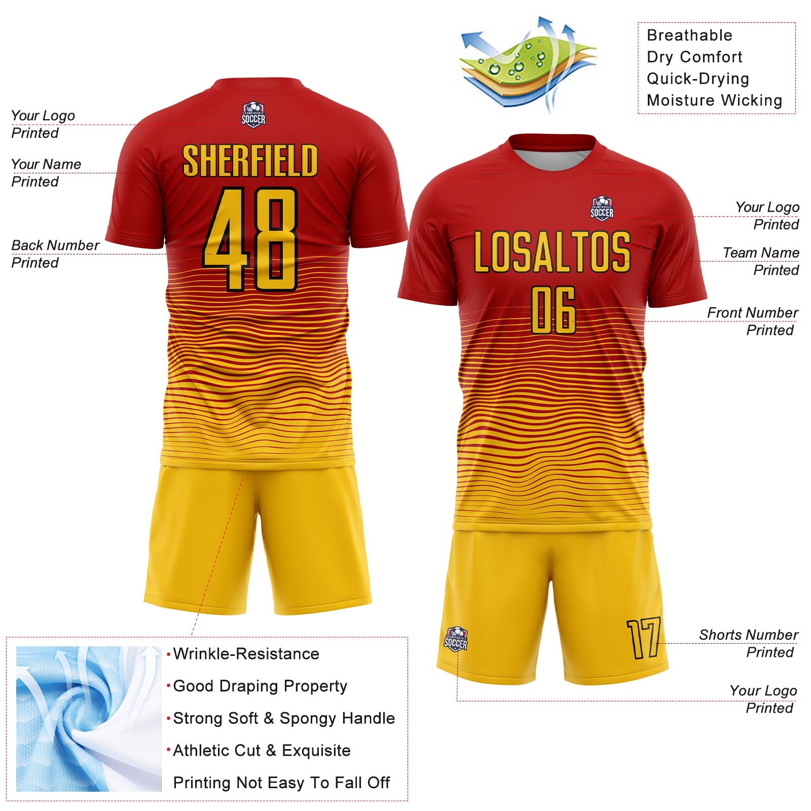 Custom Red Yellow-Black Gradient Line Sublimation Soccer Uniform Jersey