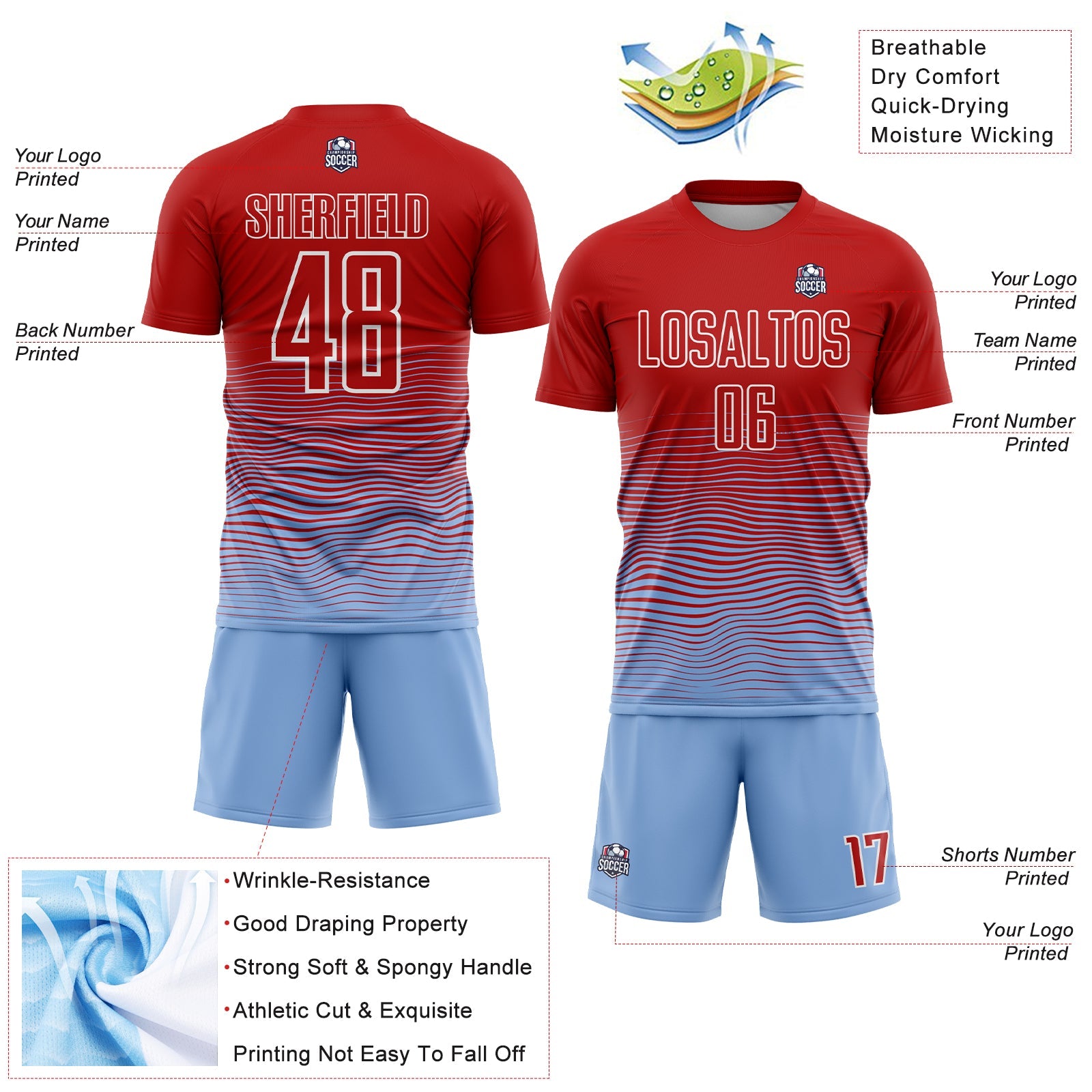Custom Red Light Blue-White Gradient Line Sublimation Soccer Uniform Jersey