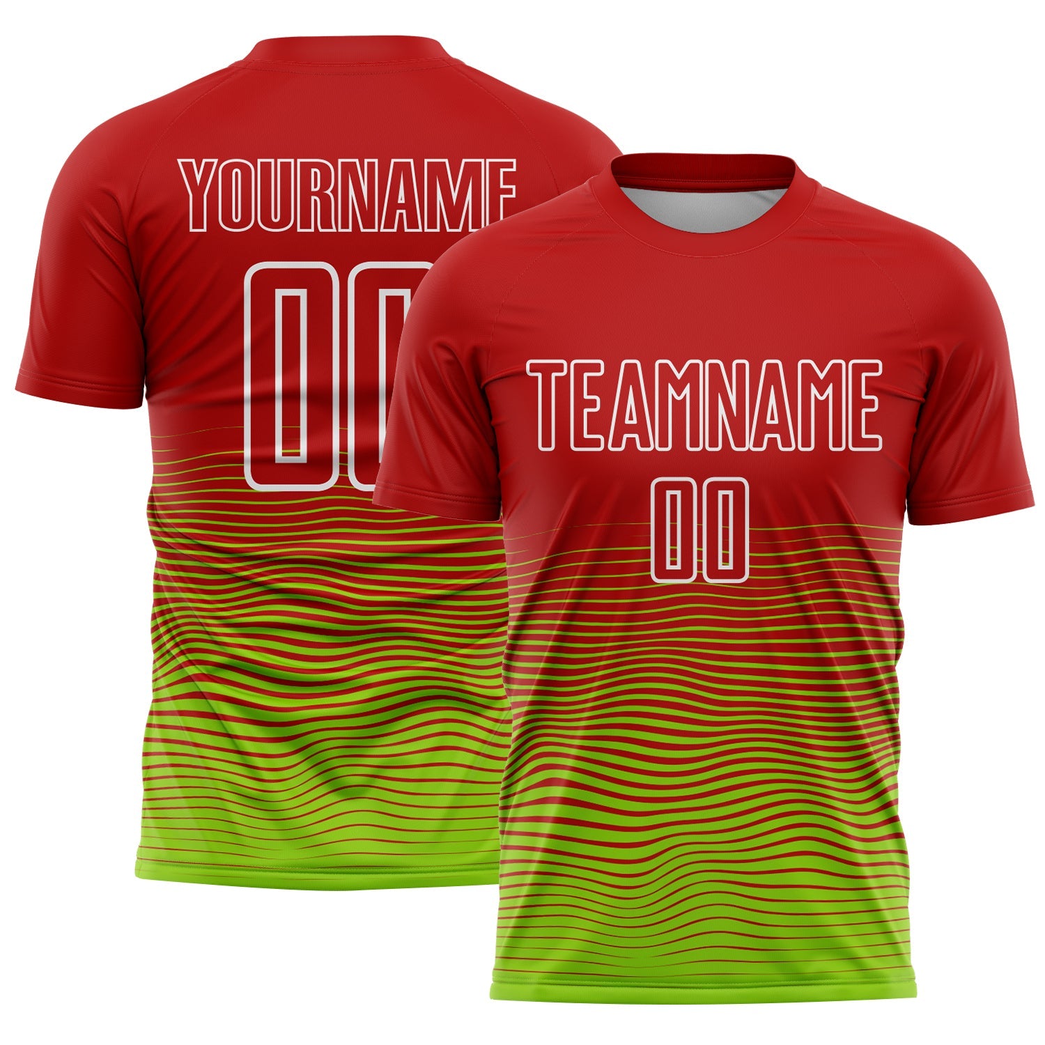 Custom Red Neon Green-White Gradient Line Sublimation Soccer Uniform Jersey