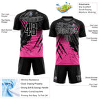 Custom Black Pink-White Gradient Scratch Splash Sublimation Soccer Uniform Jersey