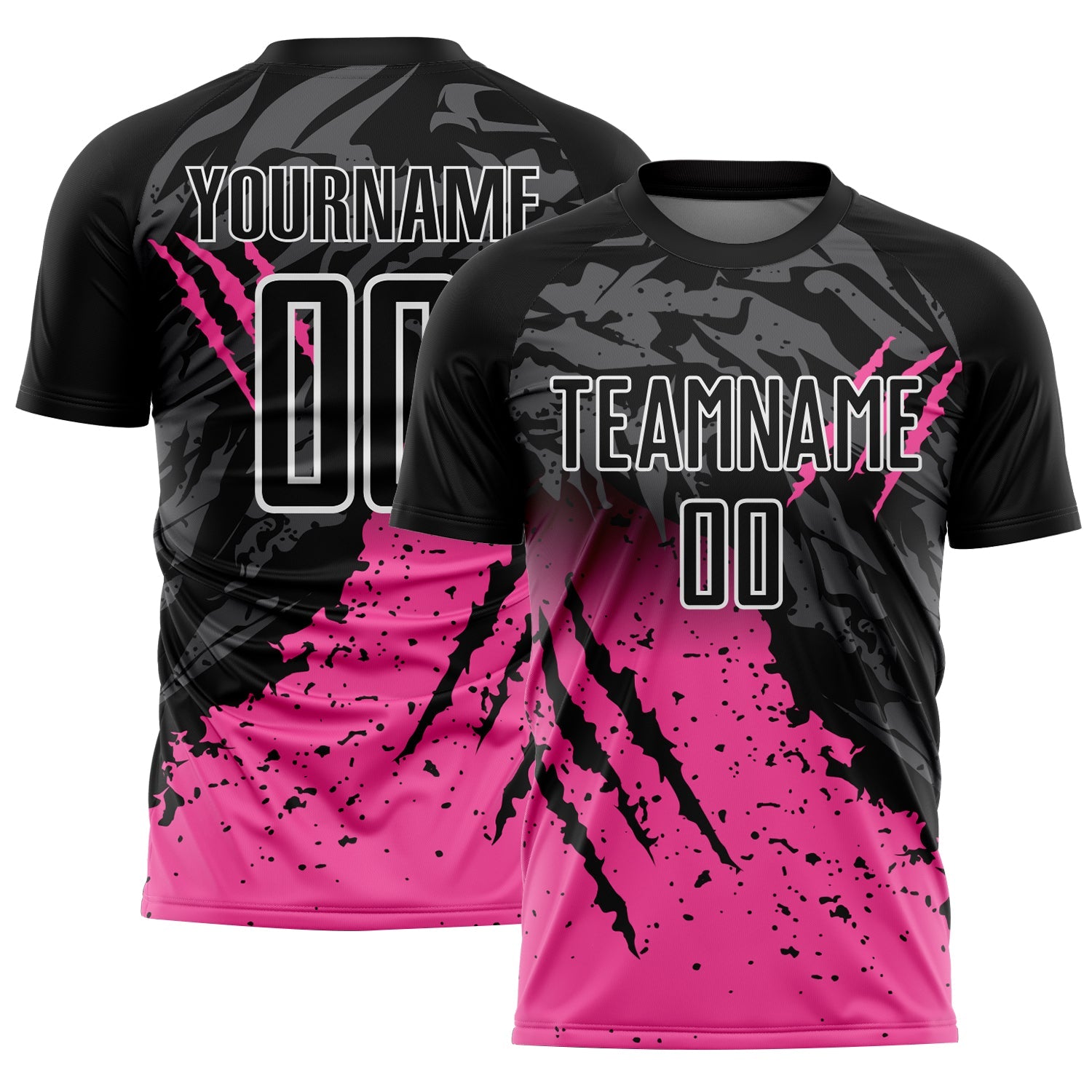 Custom Black Pink-White Gradient Scratch Splash Sublimation Soccer Uniform Jersey