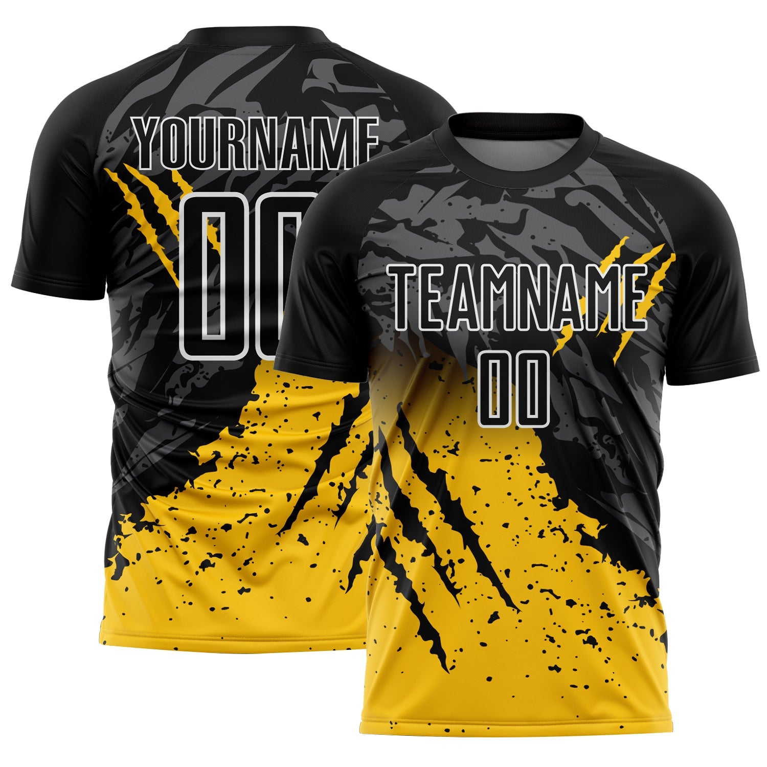 Custom Black Yellow-White Gradient Scratch Splash Sublimation Soccer Uniform Jersey