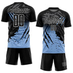 Custom Black Light Blue-White Gradient Scratch Splash Sublimation Soccer Uniform Jersey