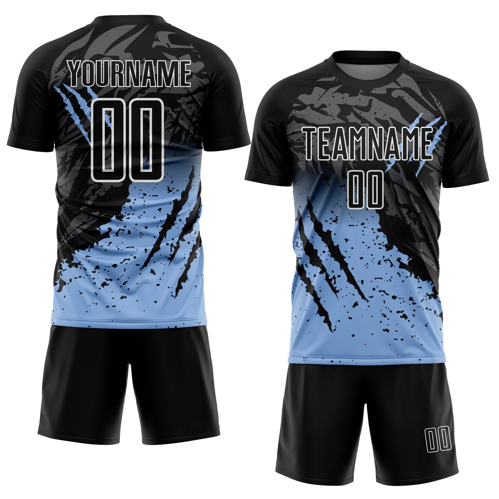Custom Black Light Blue-White Gradient Scratch Splash Sublimation Soccer Uniform Jersey