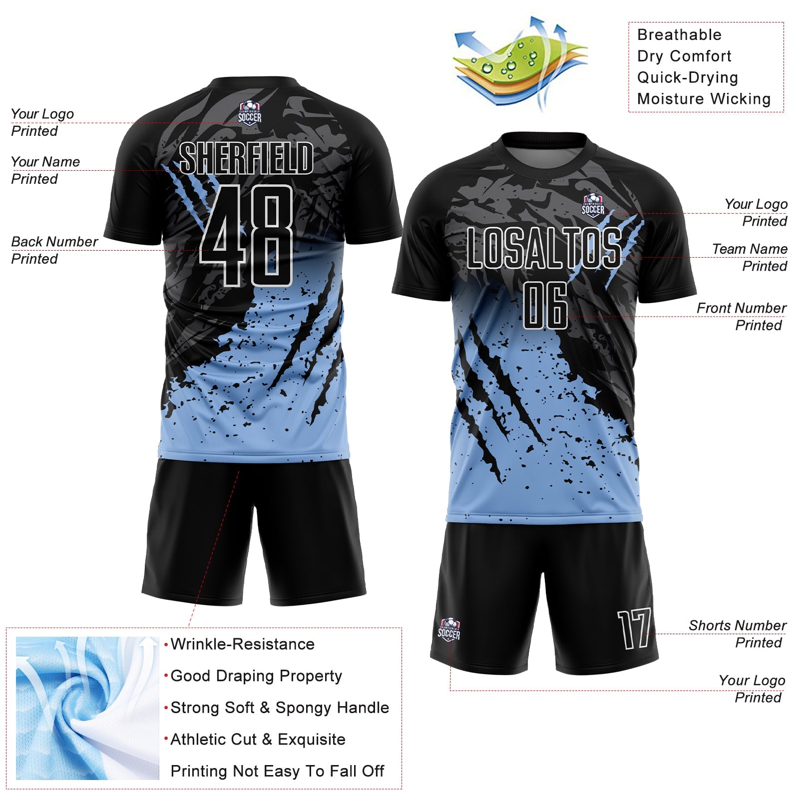 Custom Black Light Blue-White Gradient Scratch Splash Sublimation Soccer Uniform Jersey