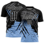 Custom Black Light Blue-White Gradient Scratch Splash Sublimation Soccer Uniform Jersey