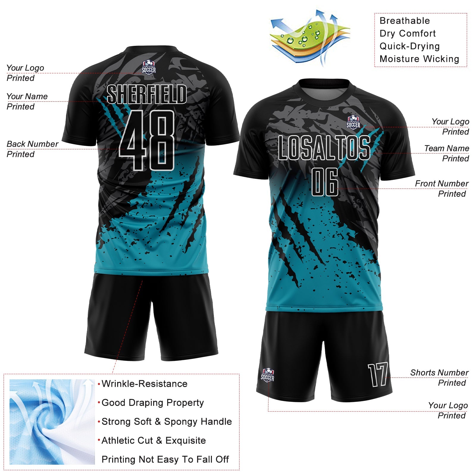 Custom Black Teal-White Gradient Scratch Splash Sublimation Soccer Uniform Jersey