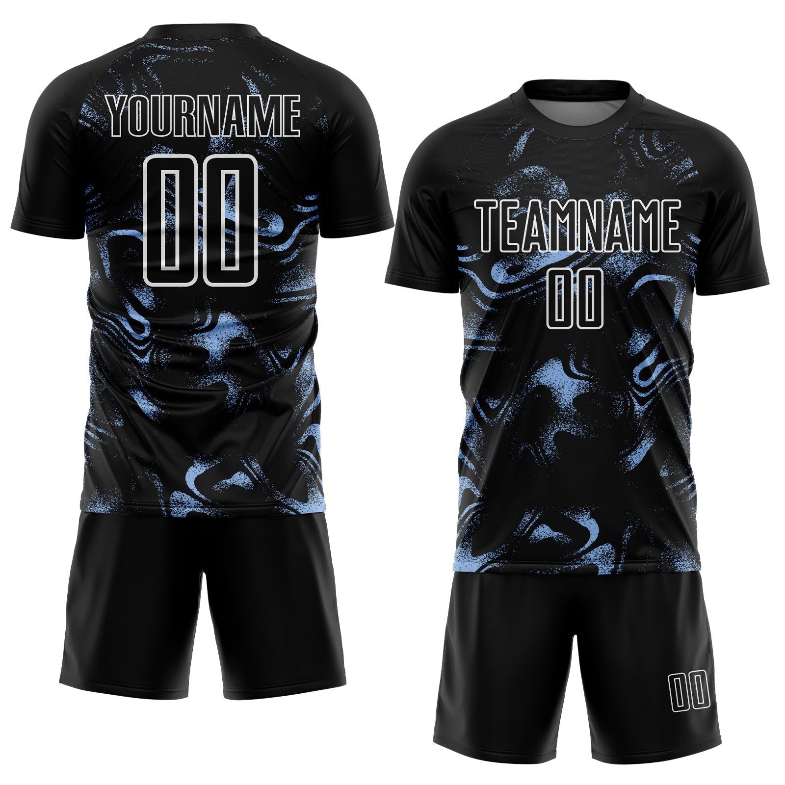 Custom Black Light Blue-White Abstract Liquid Sublimation Soccer Uniform Jersey