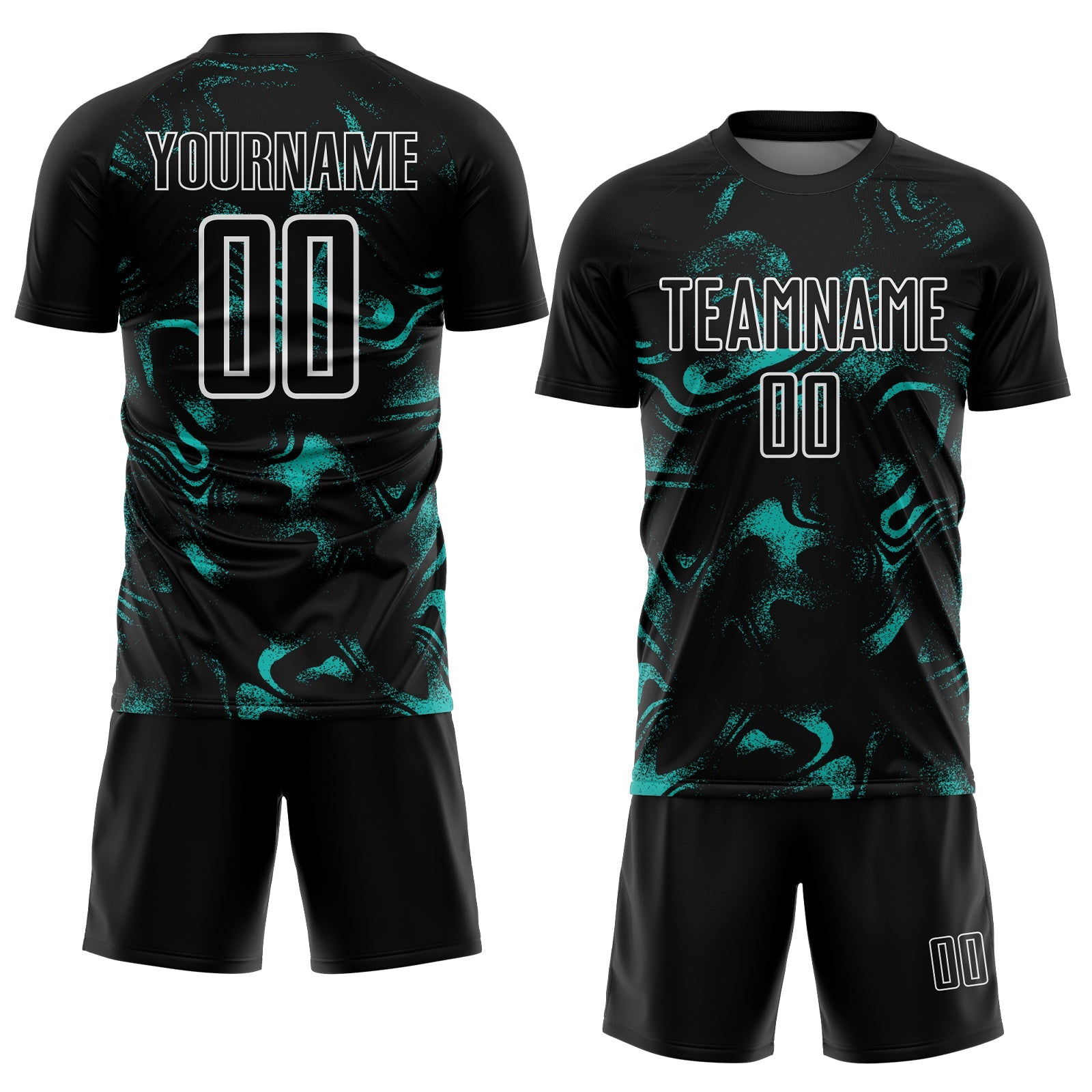 Custom Black Aqua-White Abstract Liquid Sublimation Soccer Uniform Jersey