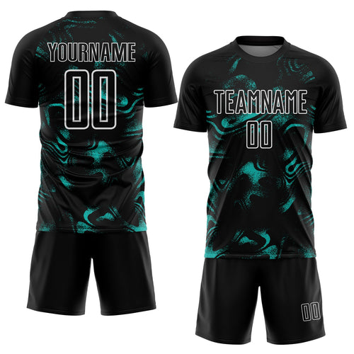 Custom Black Aqua-White Abstract Liquid Sublimation Soccer Uniform Jersey