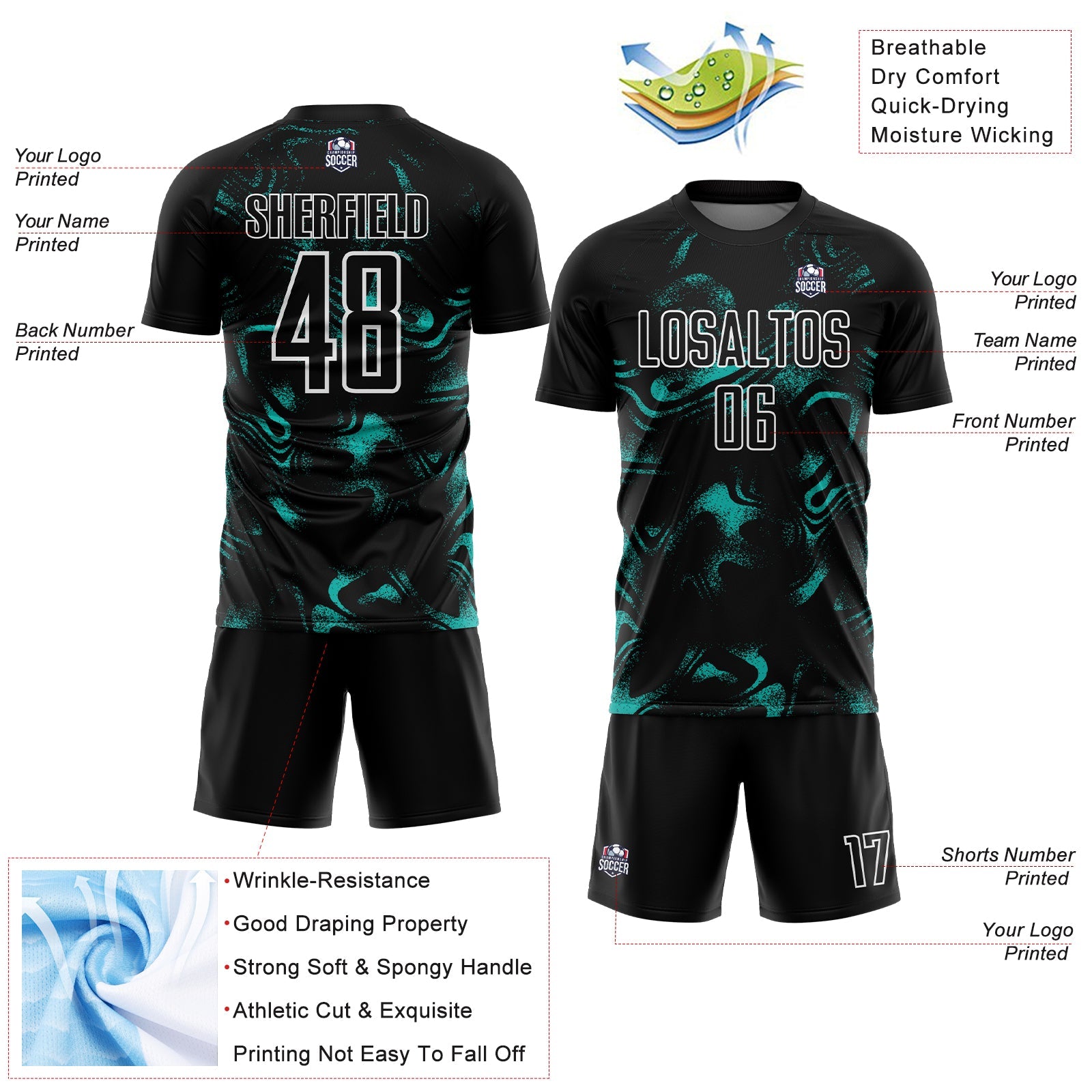 Custom Black Aqua-White Abstract Liquid Sublimation Soccer Uniform Jersey