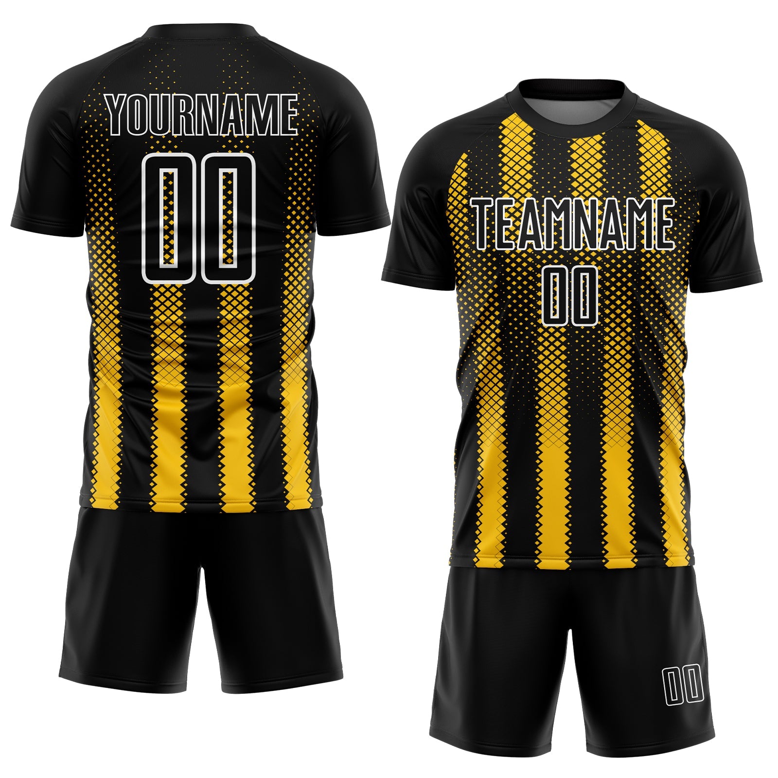 Custom Black Yellow-White Geometric Shape Sublimation Soccer Uniform Jersey