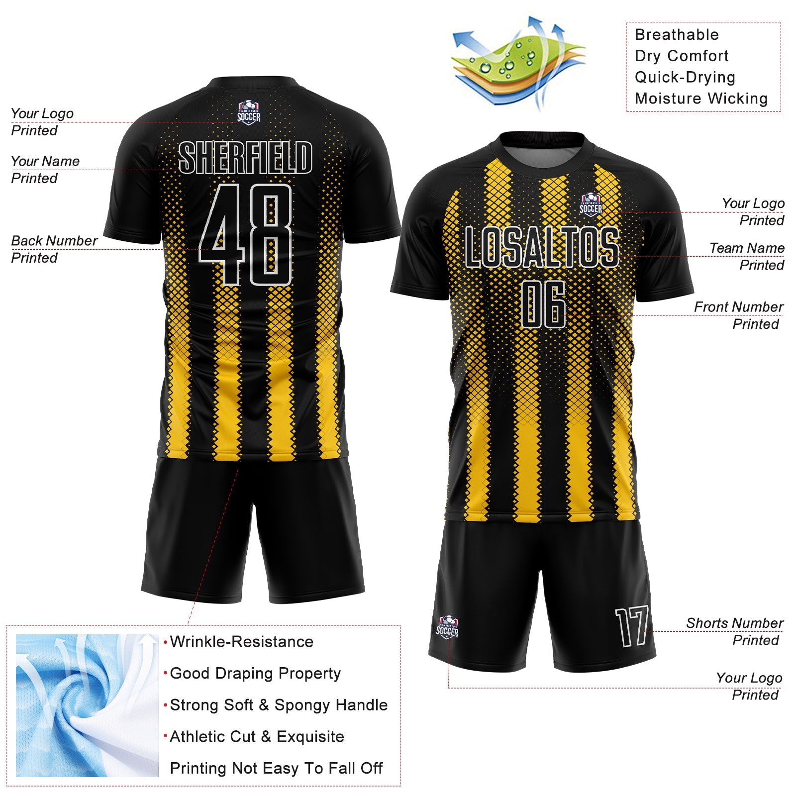 Custom Black Yellow-White Geometric Shape Sublimation Soccer Uniform Jersey
