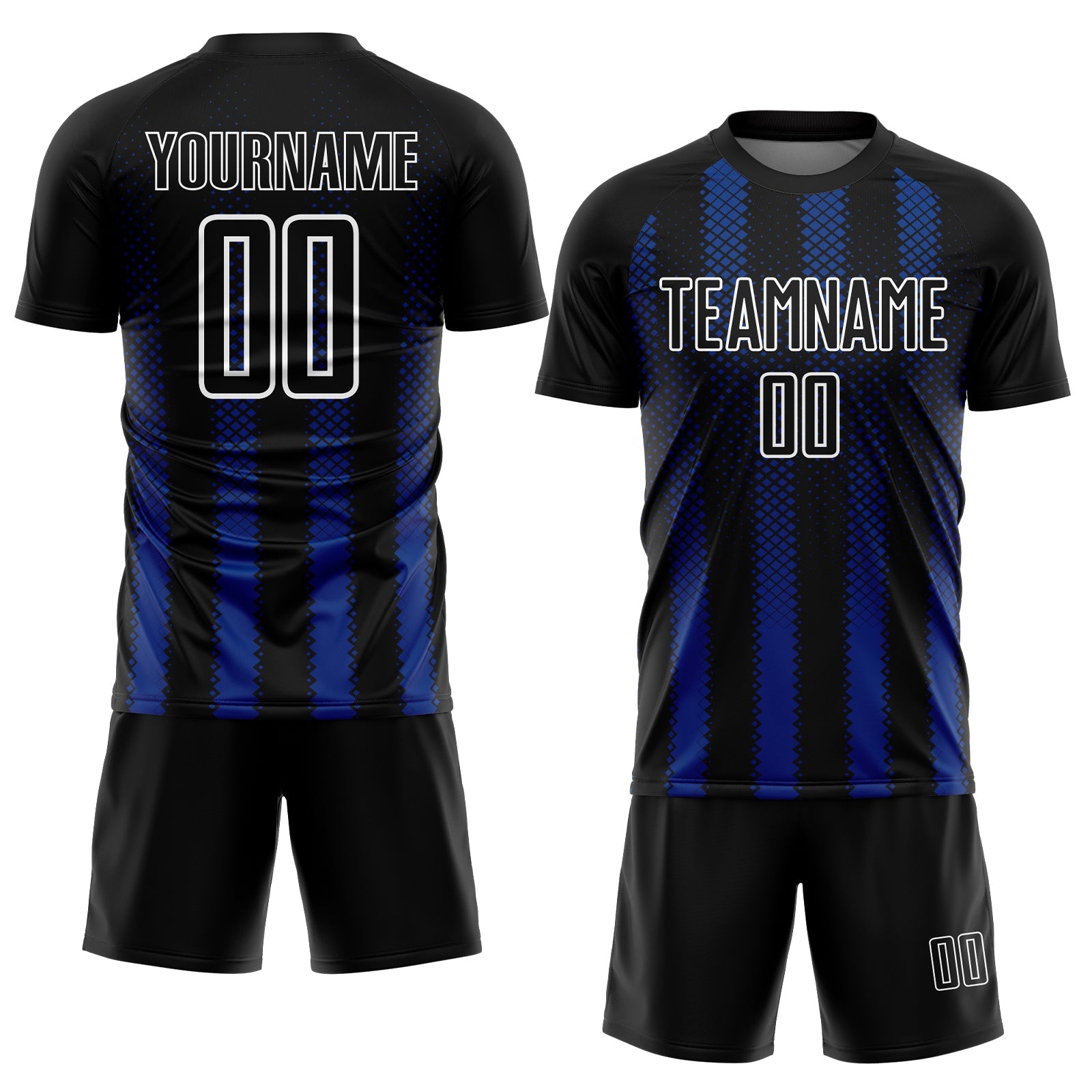 Custom Black Royal-White Geometric Shape Sublimation Soccer Uniform Jersey