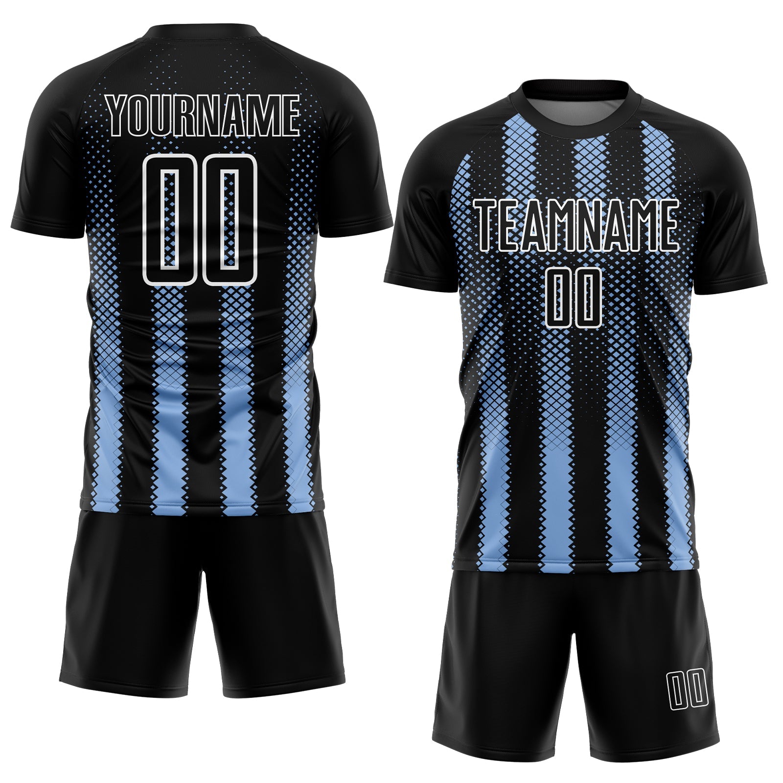Custom Black Light Blue-White Geometric Shape Sublimation Soccer Uniform Jersey