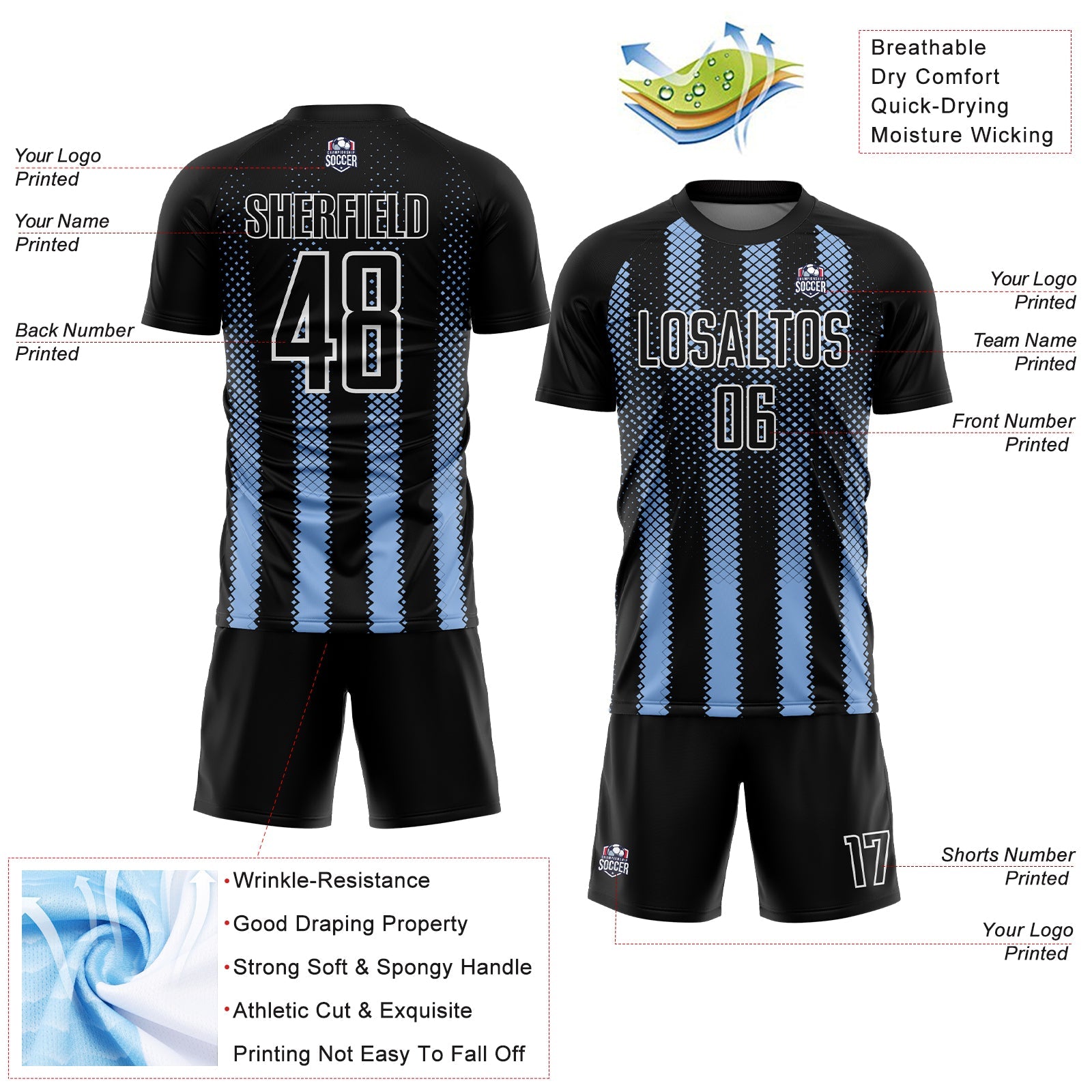 Custom Black Light Blue-White Geometric Shape Sublimation Soccer Uniform Jersey