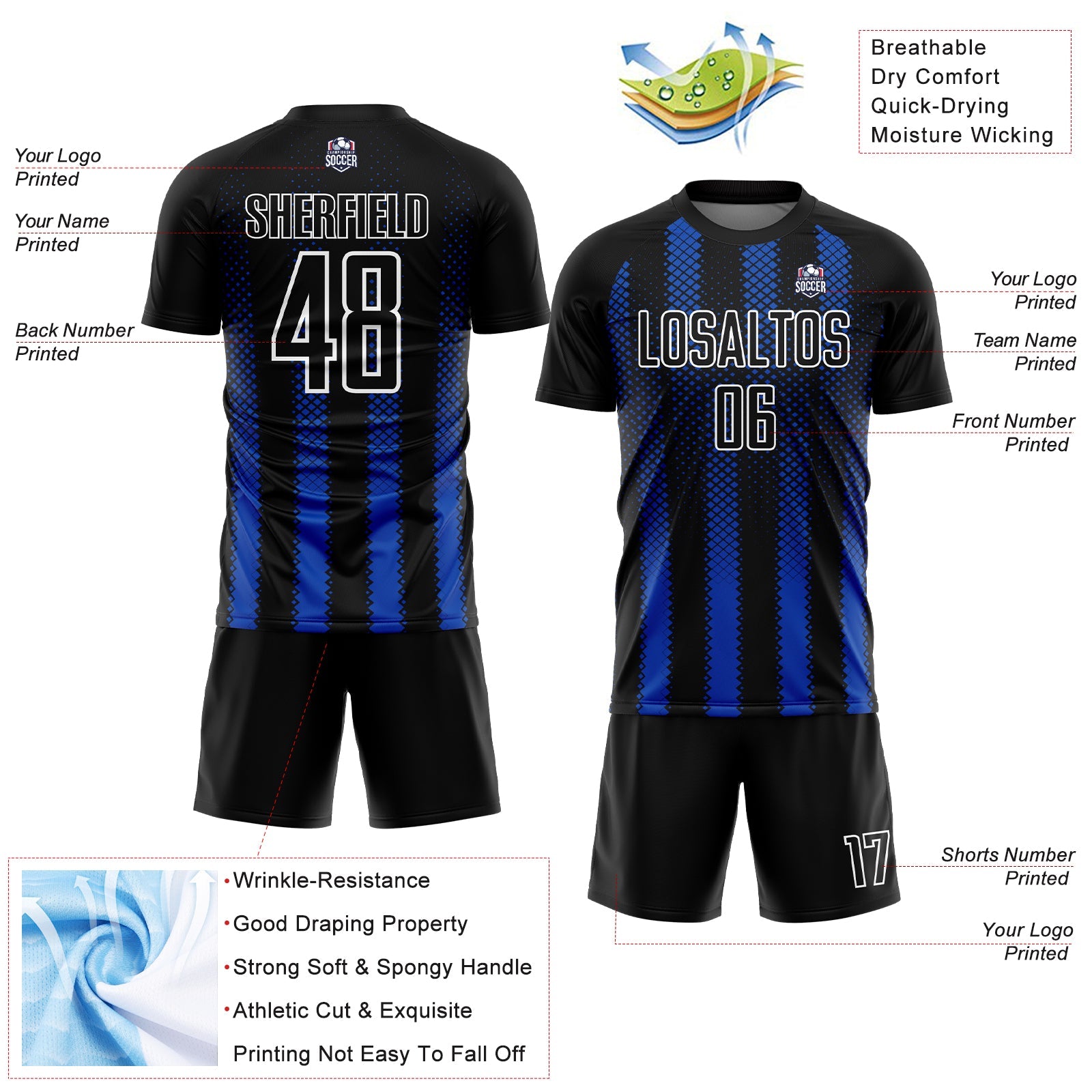 Custom Black Thunder Blue-White Geometric Shape Sublimation Soccer Uniform Jersey