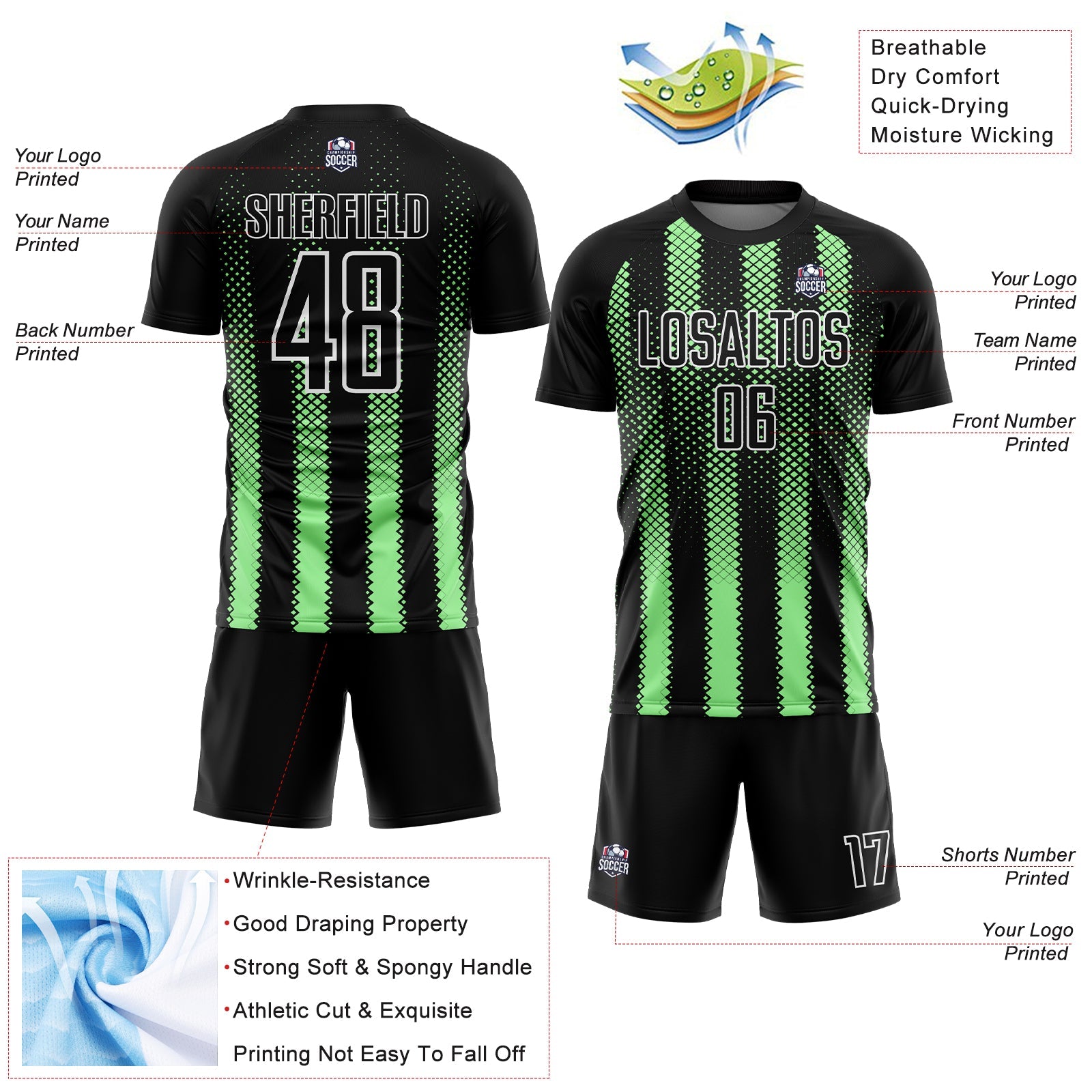 Custom Black Pea Green-White Geometric Shape Sublimation Soccer Uniform Jersey