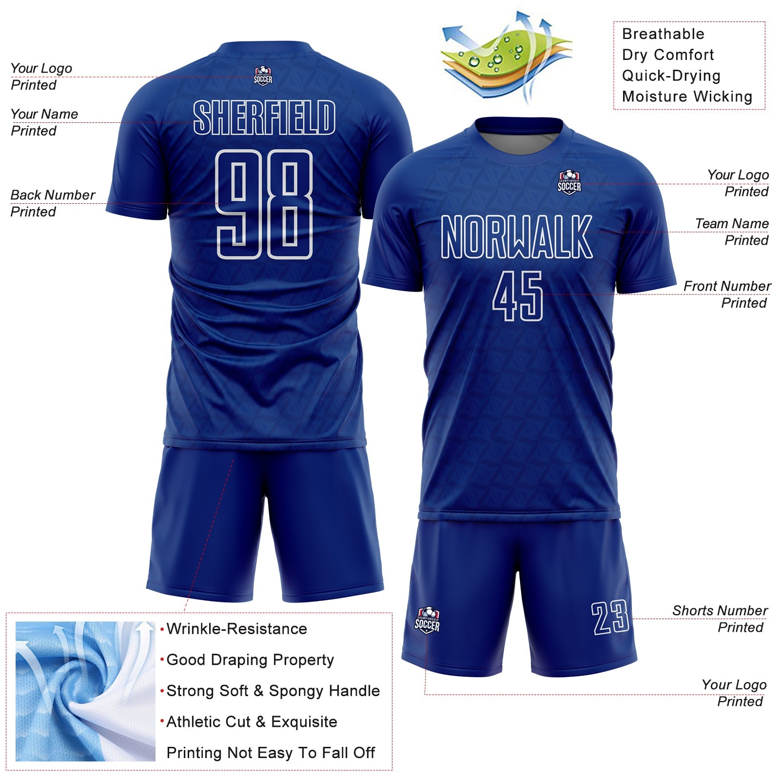 Custom Royal White Geometric Shape Sublimation Soccer Uniform Jersey