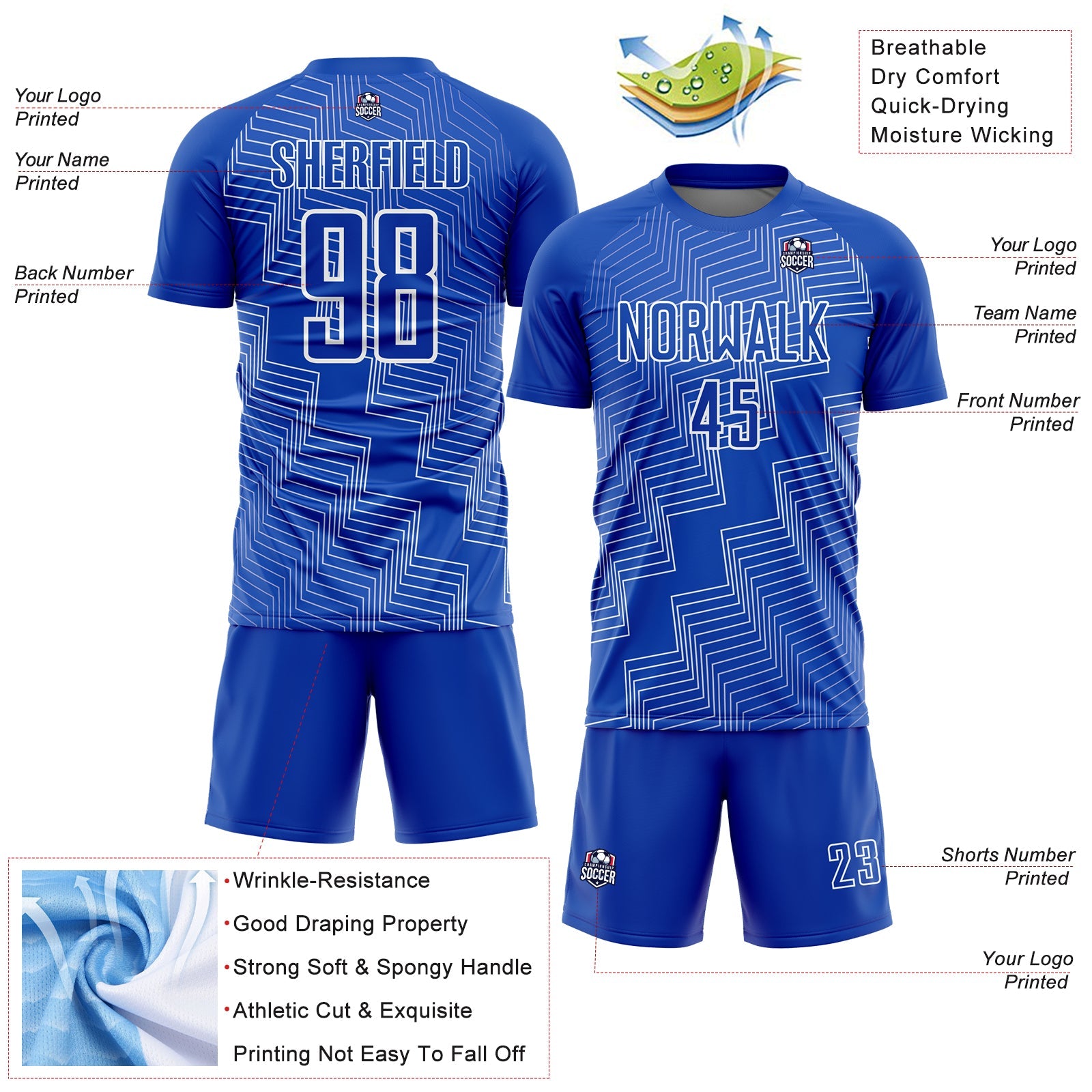 Custom Thunder Blue White Zigzag Shape Sublimation Soccer Uniform Jersey