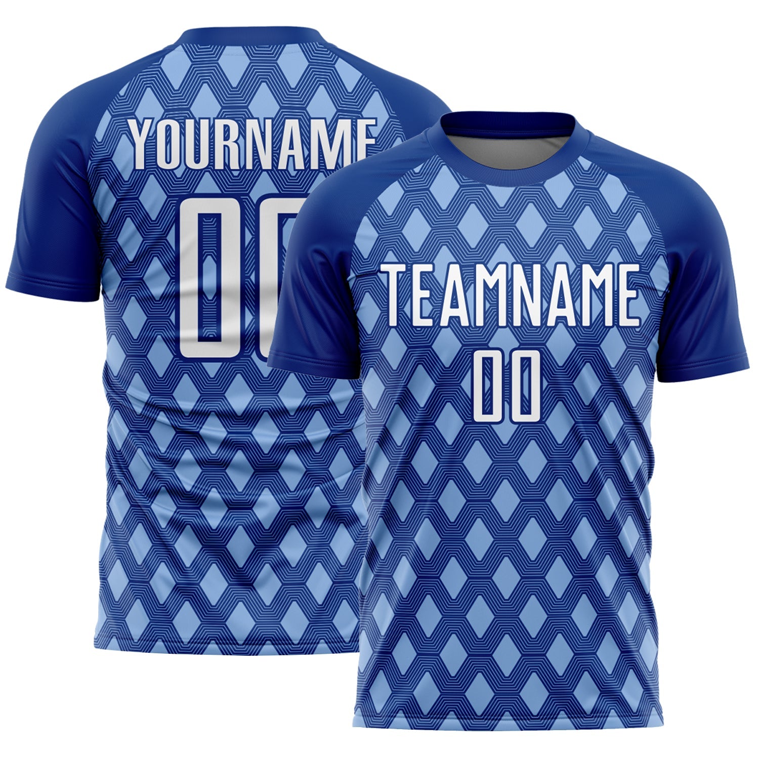 Custom Royal White-Light Blue Geometric Shape Sublimation Soccer Uniform Jersey