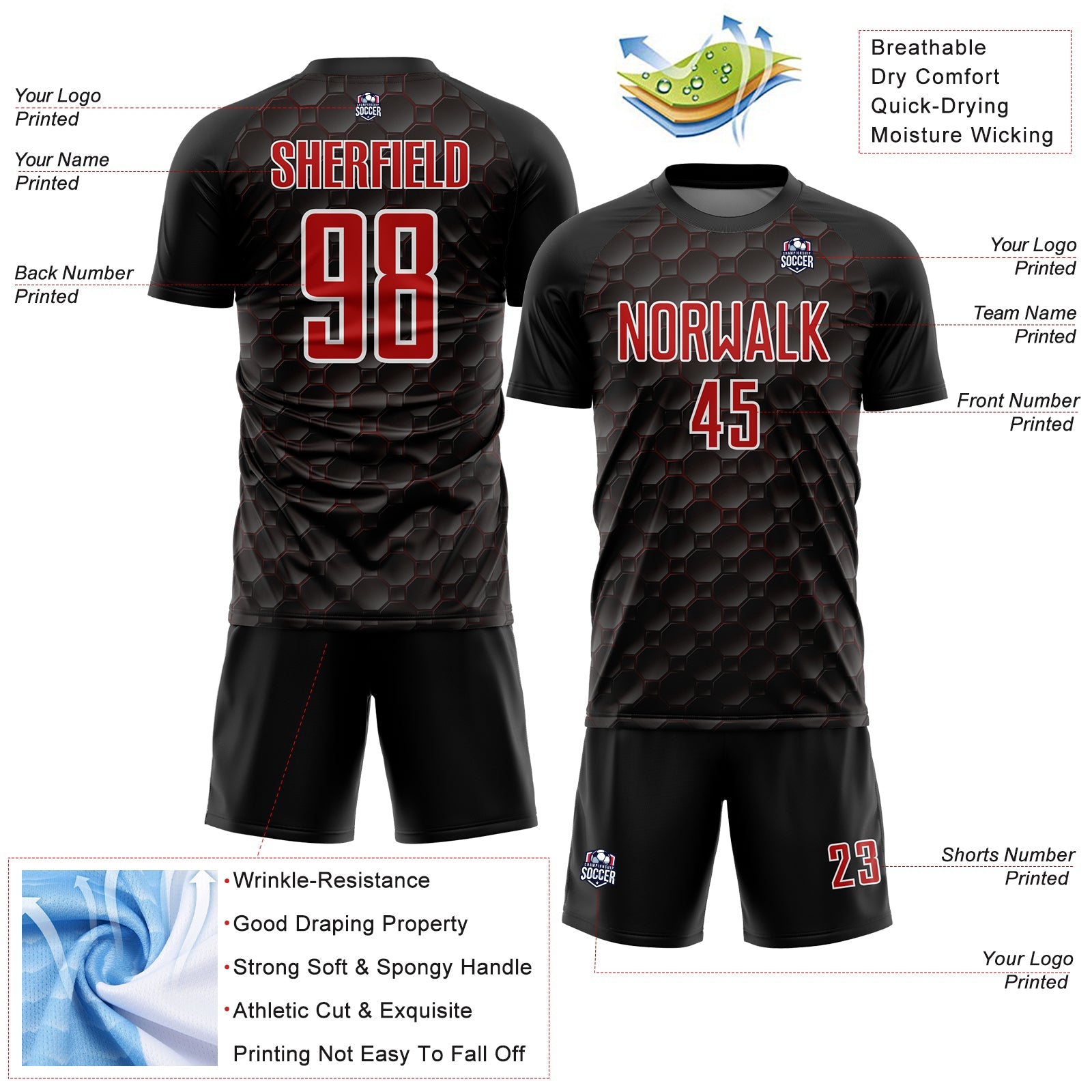 Custom Black Red-White Geometric Shape Sublimation Soccer Uniform Jersey