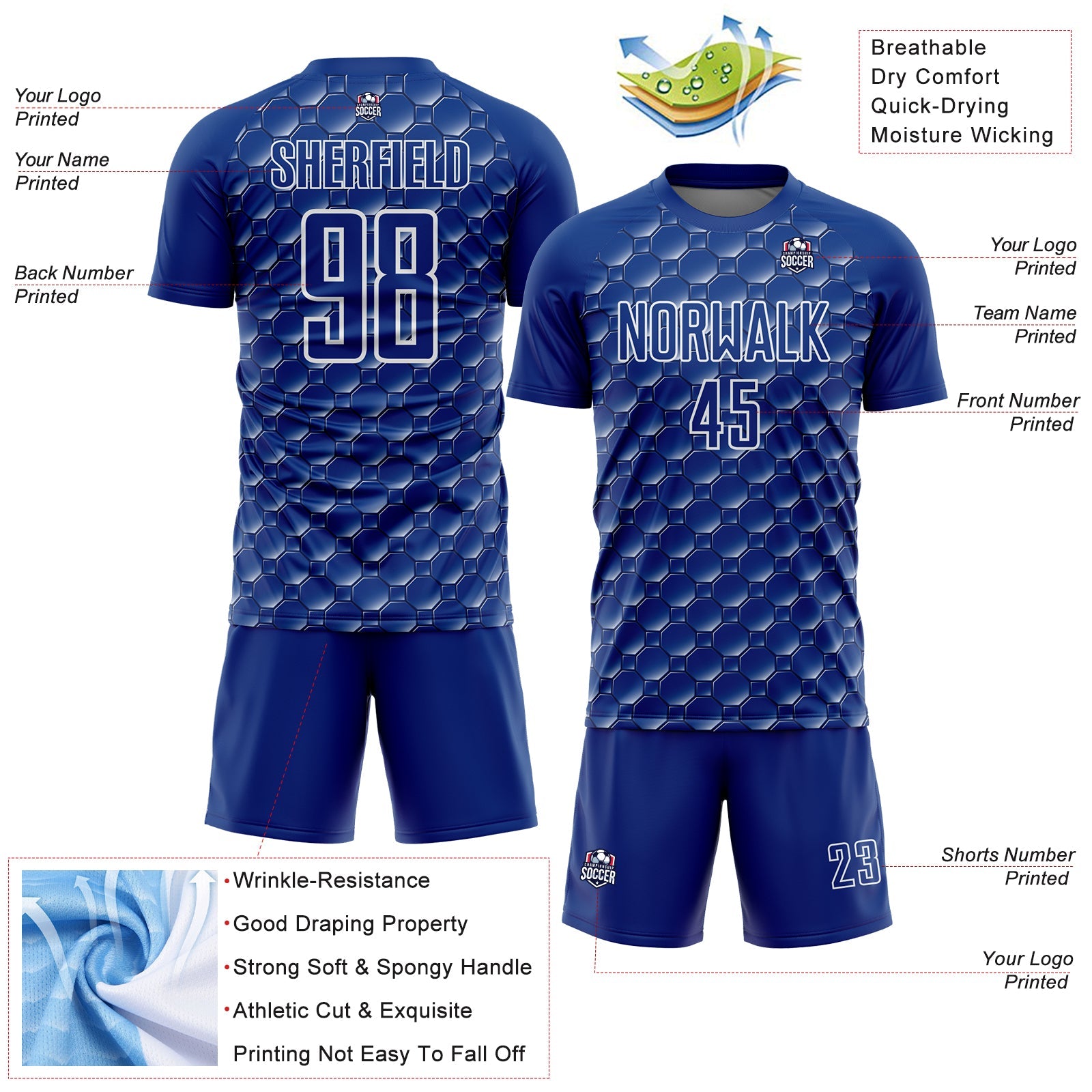 Custom Royal White Geometric Shape Sublimation Soccer Uniform Jersey