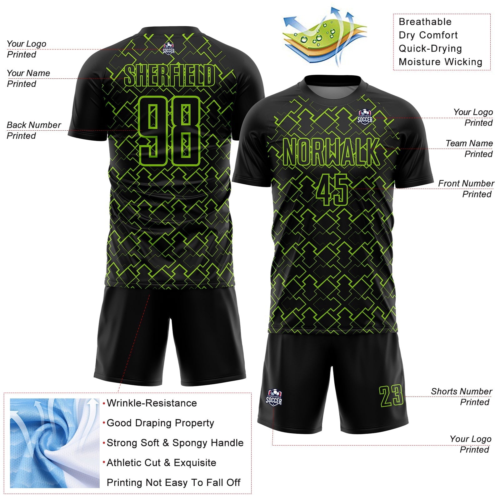 Custom Black Neon Green Geometric Shape Sublimation Soccer Uniform Jersey