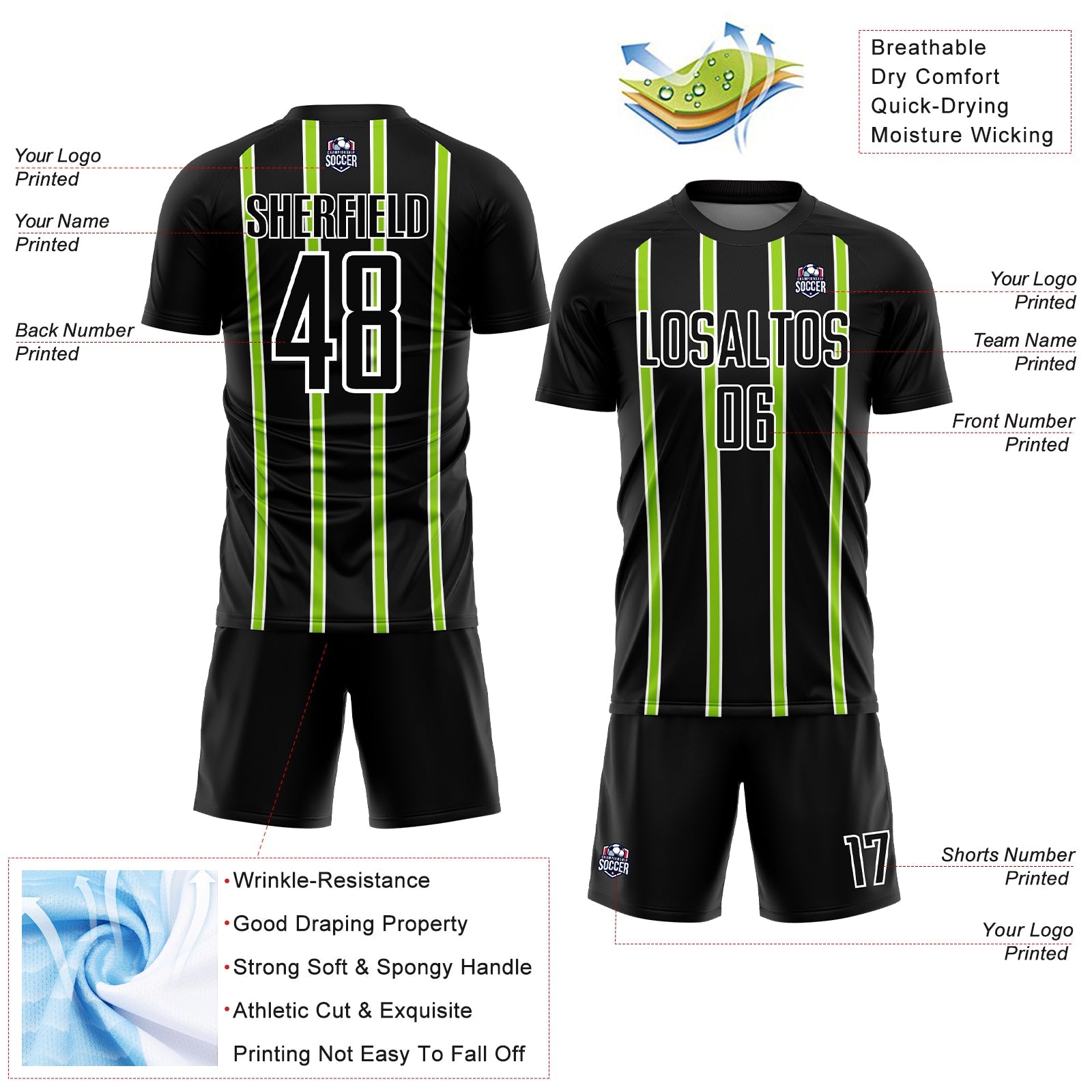 Custom Black Neon Green-White Stripe Line Sublimation Soccer Uniform Jersey