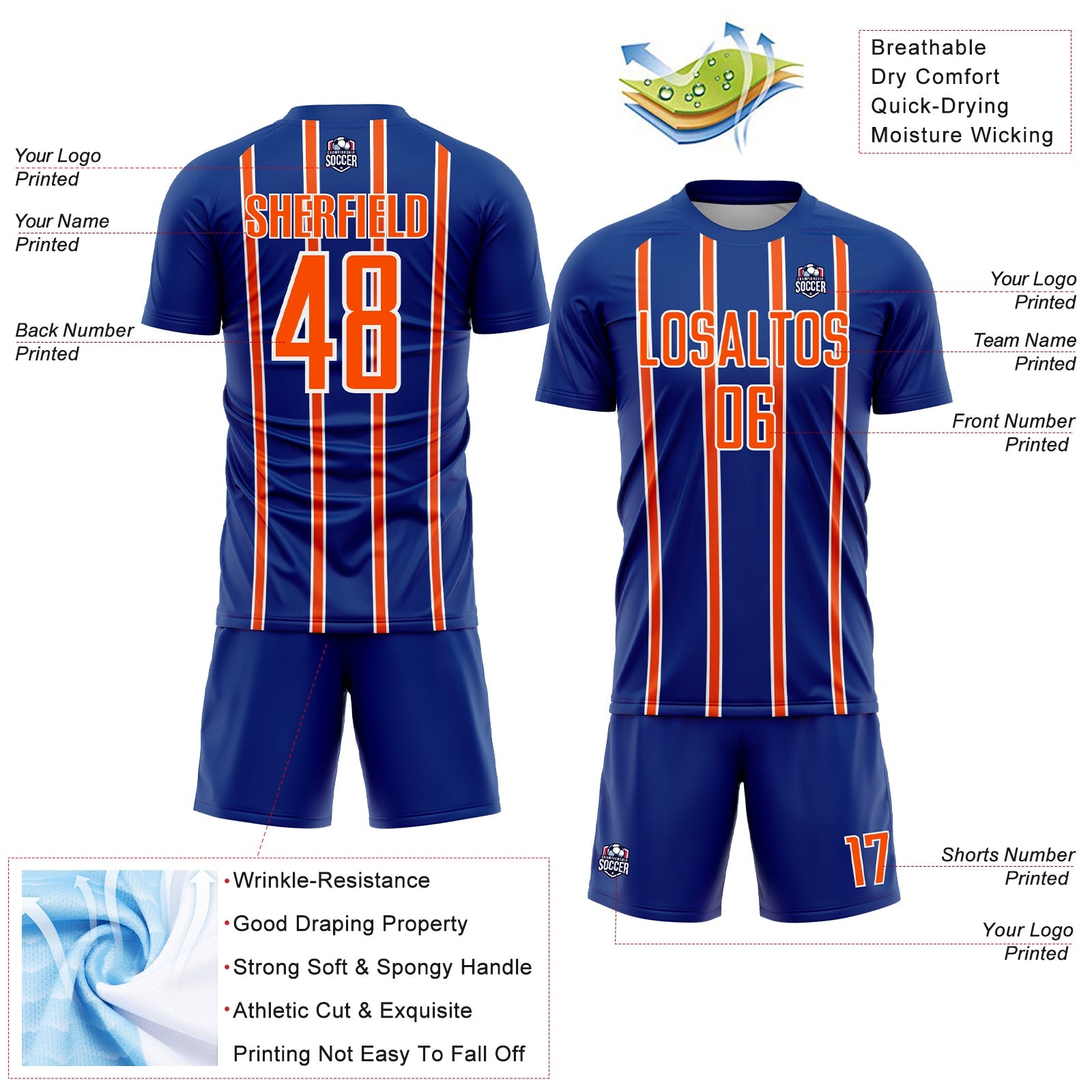 Custom Royal Orange-White Stripe Line Sublimation Soccer Uniform Jersey