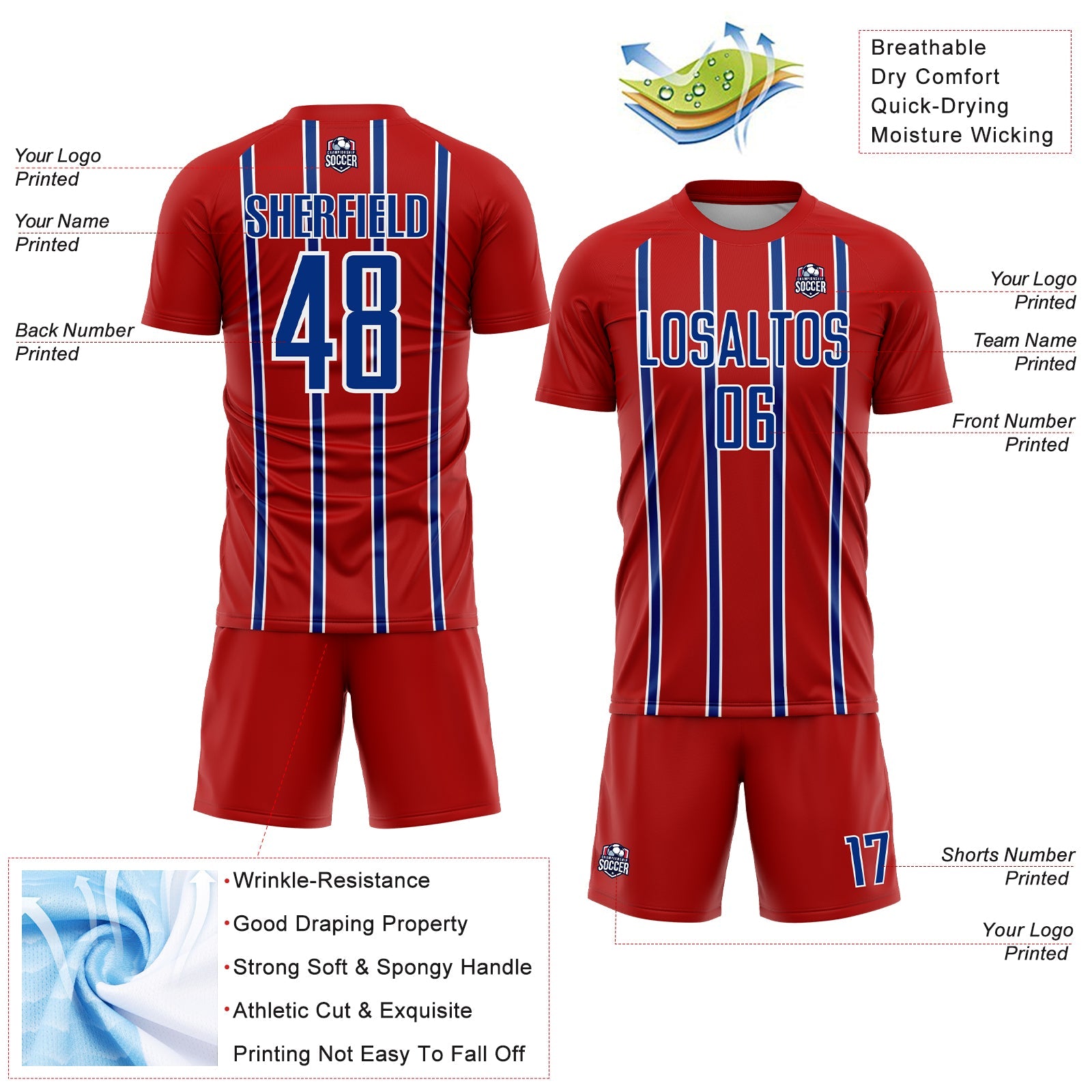 Custom Red Royal-White Stripe Line Sublimation Soccer Uniform Jersey