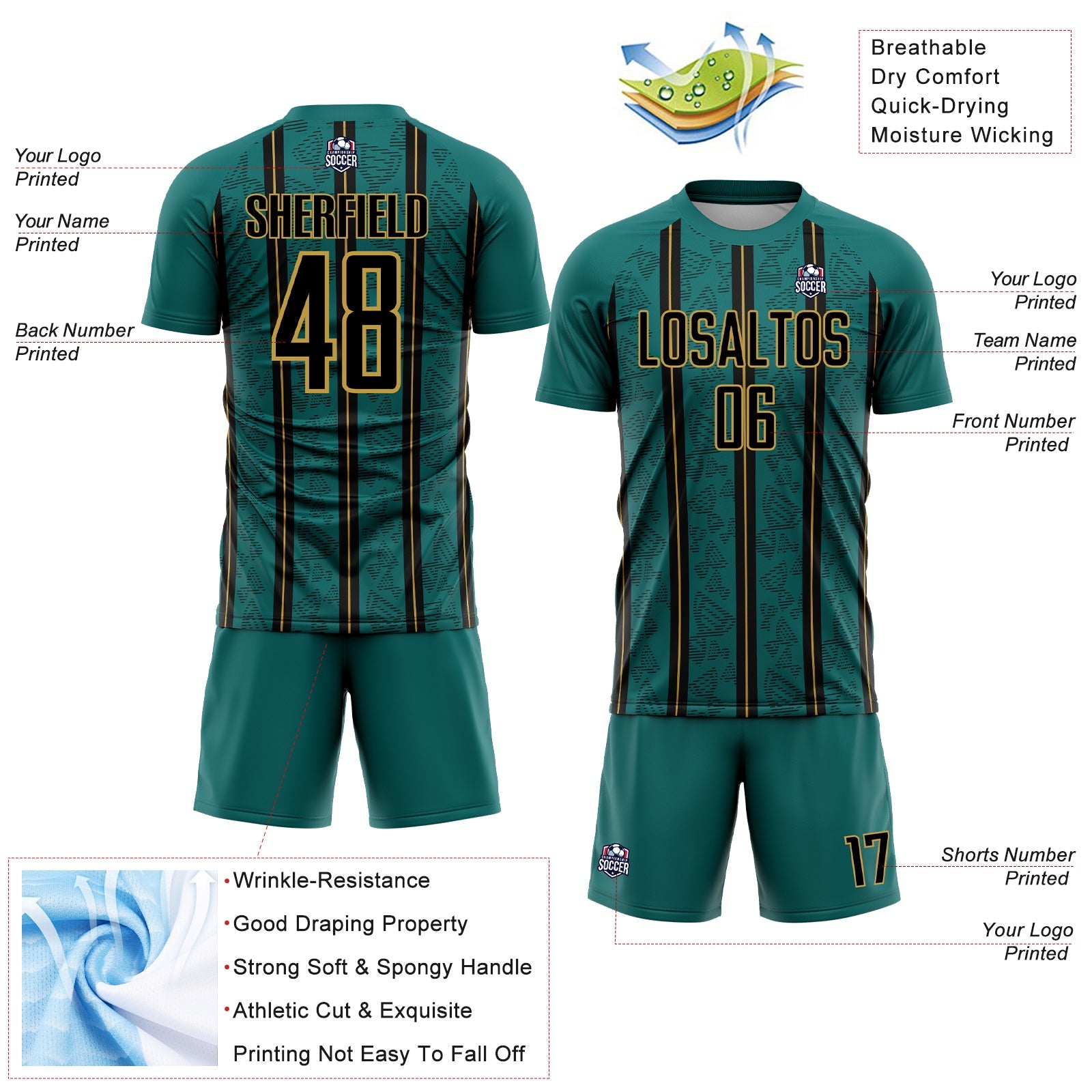Custom Teal Black-Old Gold Stripe Line Sublimation Soccer Uniform Jersey