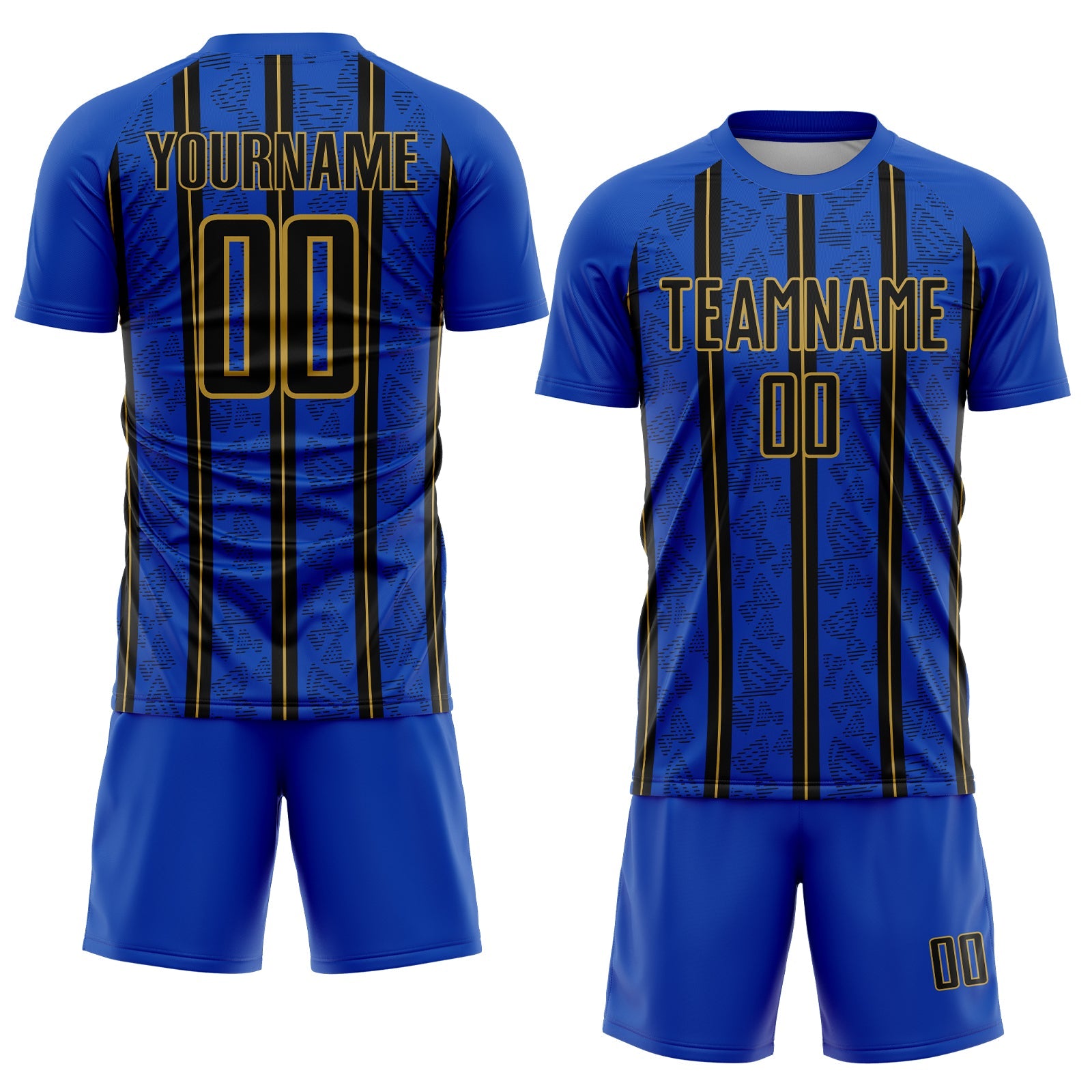 Custom Thunder Blue Black-Old Gold Stripe Line Sublimation Soccer Uniform Jersey