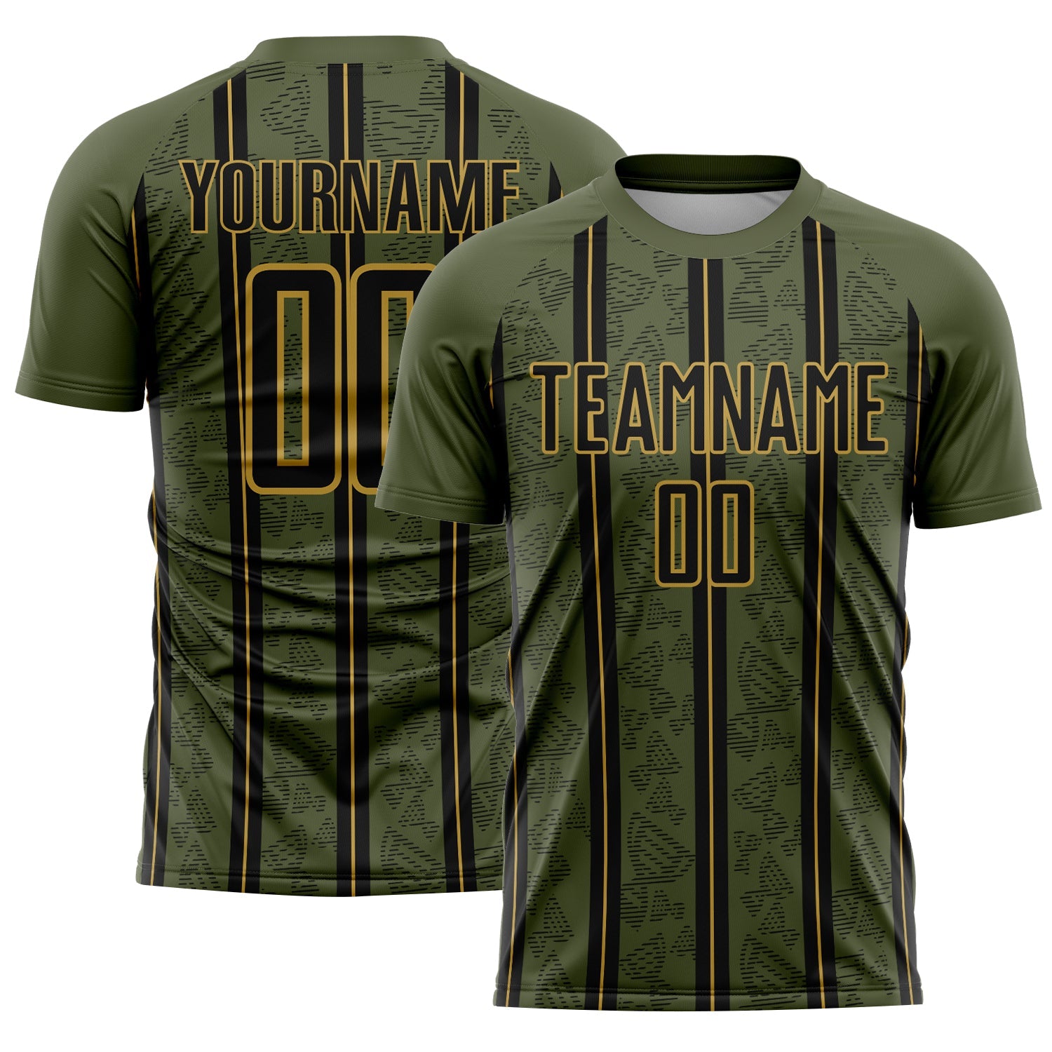 Custom Olive Black-Old Gold Stripe Line Sublimation Salute To Service Soccer Uniform Jersey