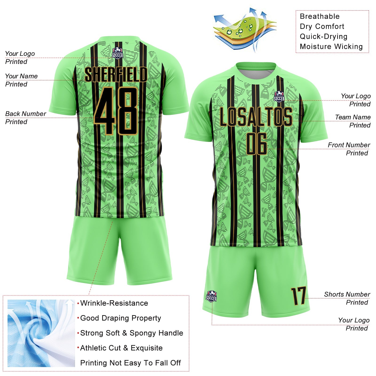 Custom Pea Green Black-Old Gold Stripe Line Sublimation Soccer Uniform Jersey