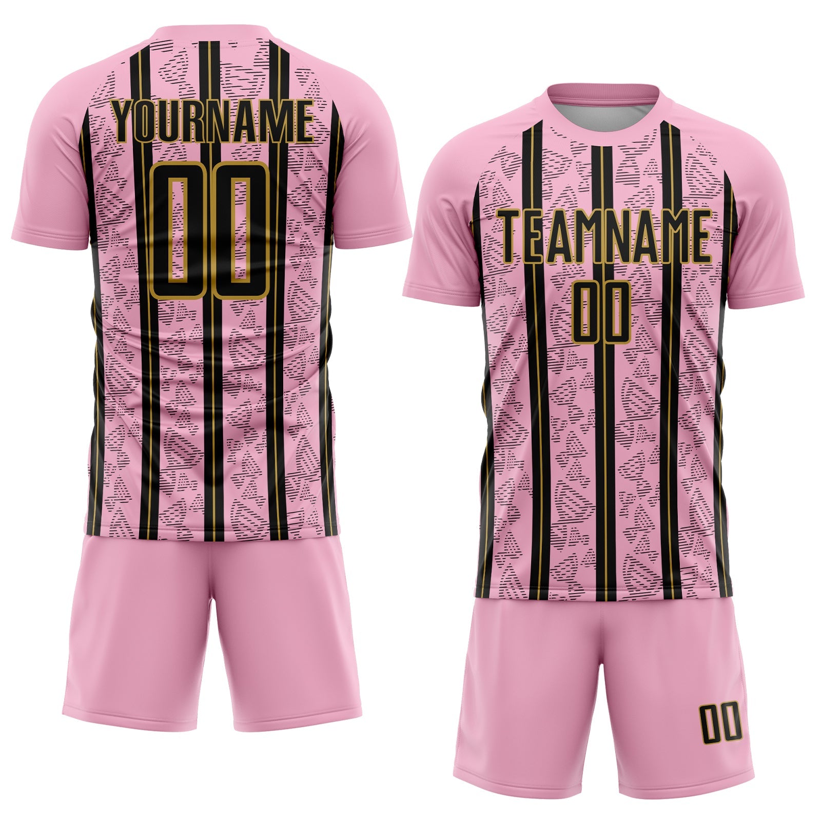Custom Light Pink Black-Old Gold Stripe Line Sublimation Soccer Uniform Jersey