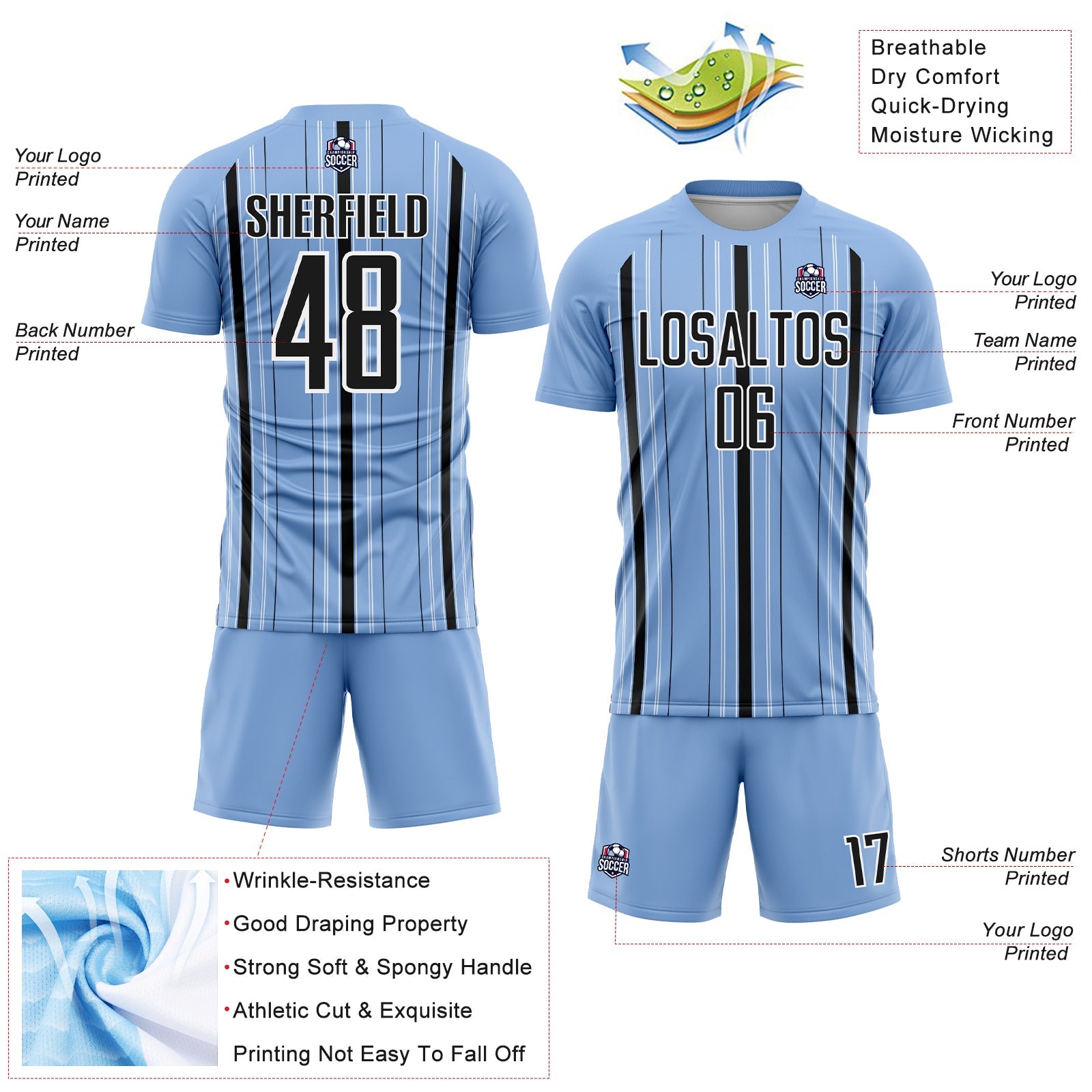 Custom Light Blue Black-White Stripe Sublimation Soccer Uniform Jersey
