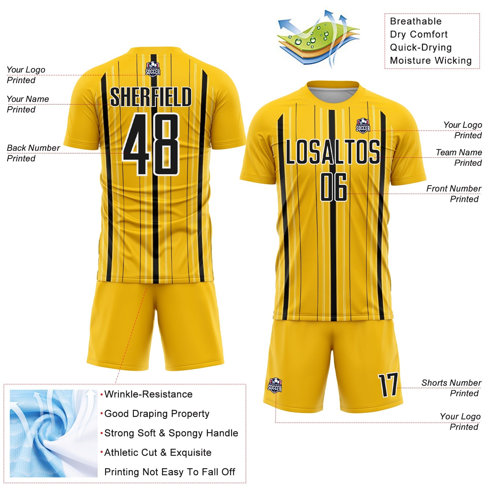 Custom Yellow Black-White Stripe Sublimation Soccer Uniform Jersey
