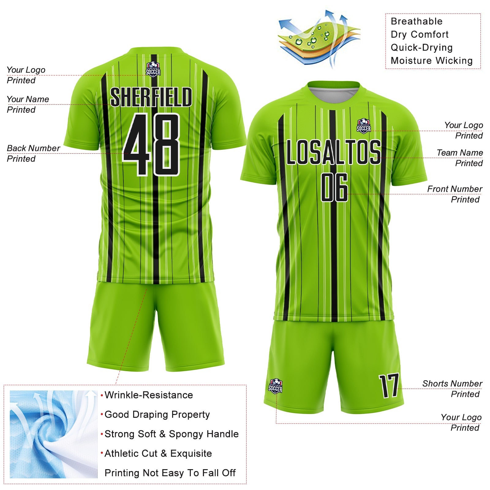 Custom Neon Green Black-White Stripe Sublimation Soccer Uniform Jersey