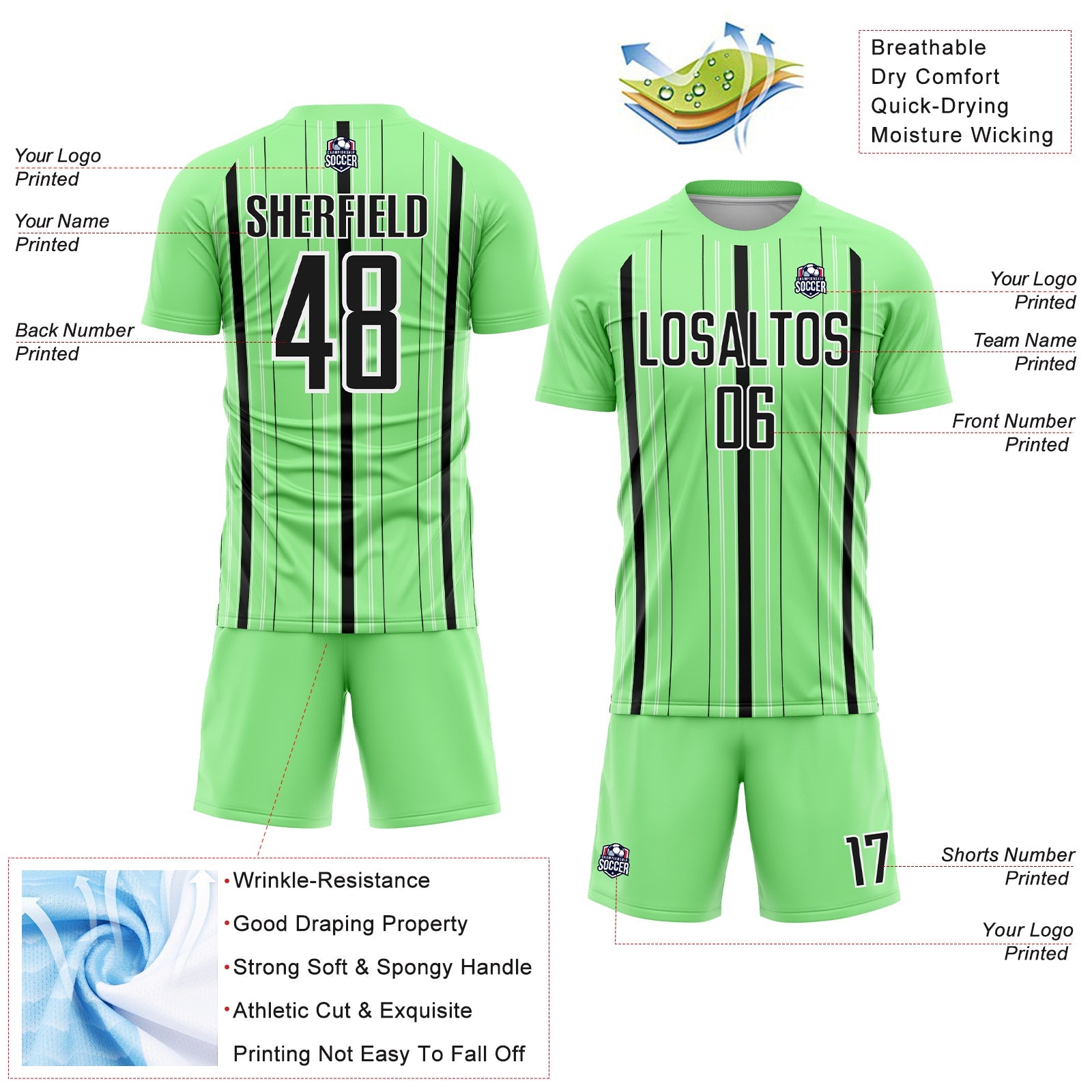 Custom Pea Green Black-White Stripe Sublimation Soccer Uniform Jersey