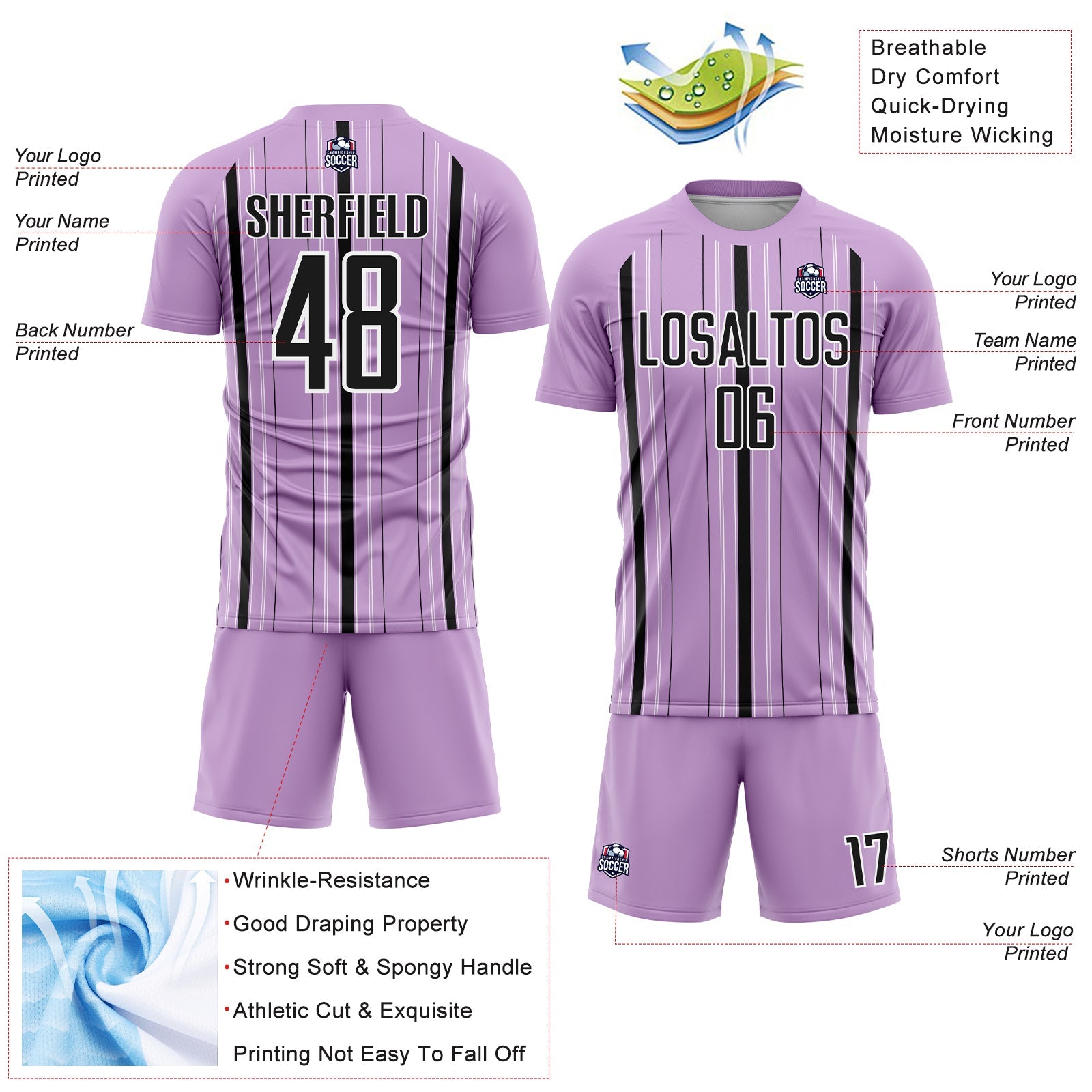 Custom Light Purple Black-White Stripe Sublimation Soccer Uniform Jersey