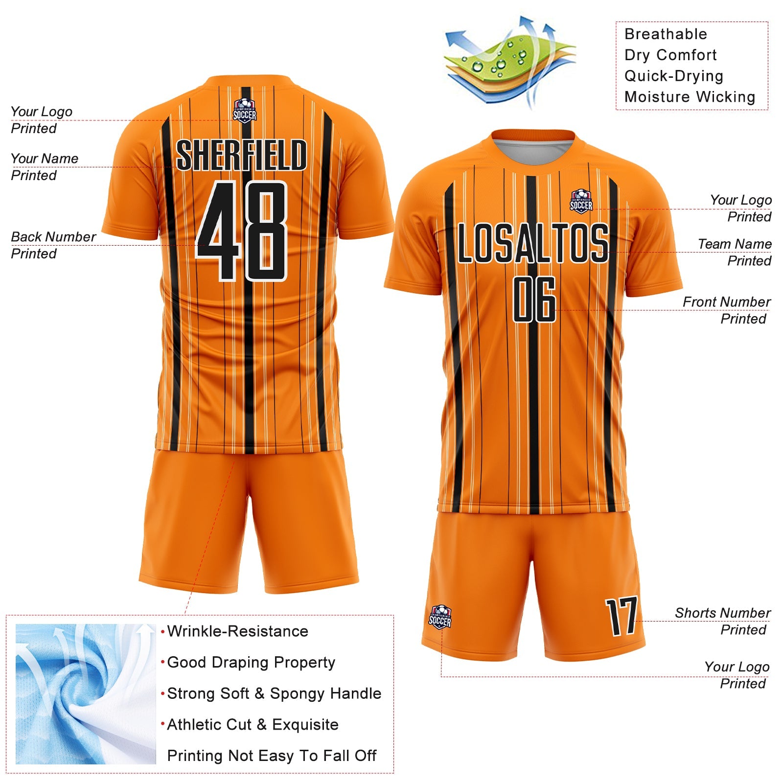 Custom Bay Orange Black-White Stripe Sublimation Soccer Uniform Jersey