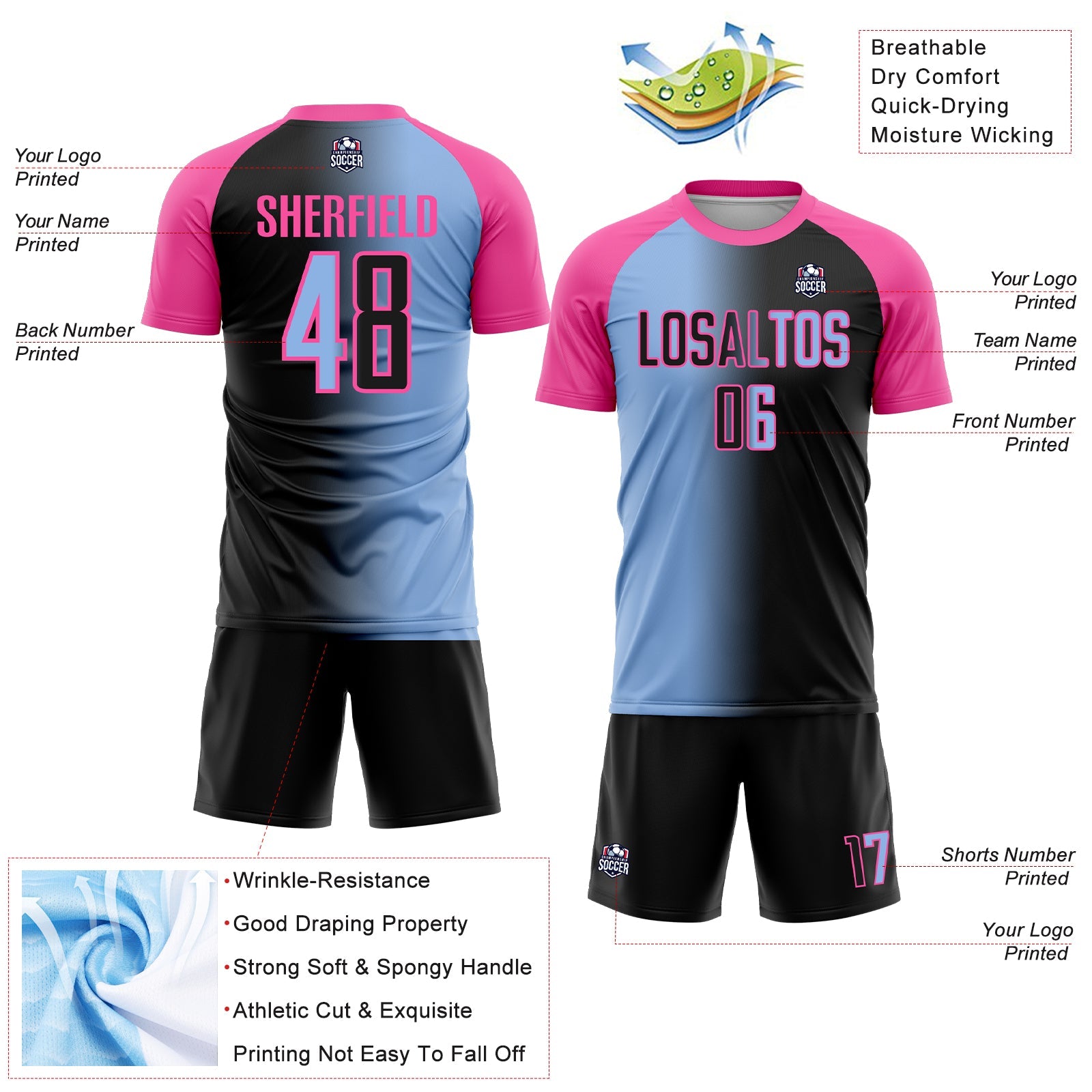 Custom Black Light Blue-Pink Sublimation Gradient Fashion Soccer Uniform Jersey
